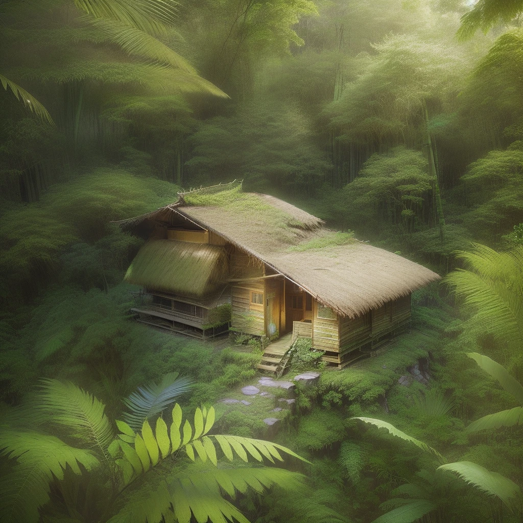 arafed hut in the middle of a forest with five man standing in the doorway, tribe huts in the jungle, in a jungle environment, the small house in the forest, roofed forest, nestled in a forest, bamboo huts, jungle setting, true realistic image, house in forest, natural realistic render, placed in a lush forest, photographic render