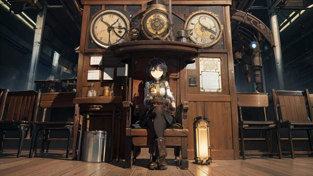 A steampunk station with a lonely atmosphere。A girl sitting on a chair at the platform、Surrounded by the sound of gears and the dance of steam, we hold on to our ticket to the future.。Her eyes are a mixture of faint hope and deep loneliness.、The station foreshadows the flight to tomorrow, tinged with loneliness for her alone.。