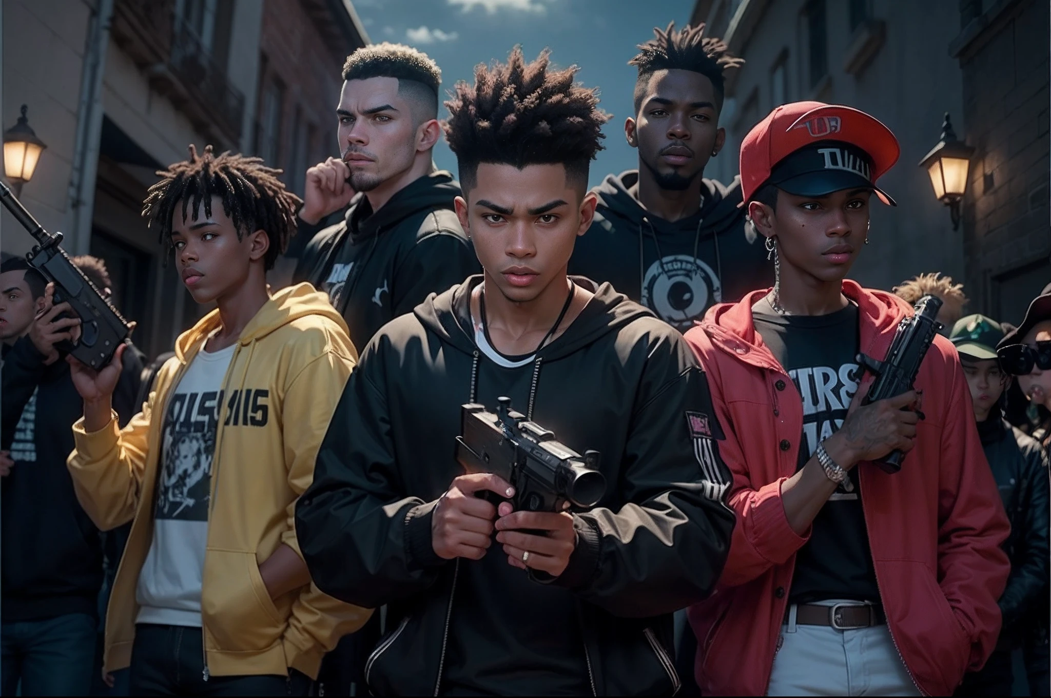 90s anime style black guy holding a gun in front of his gang, anime style black guy holding a gun in front of his gang, black guy holding a gun in front of his gang, black guy holding a gun with flash paint on it, he is wearing a black hoodie, he is holding a gun