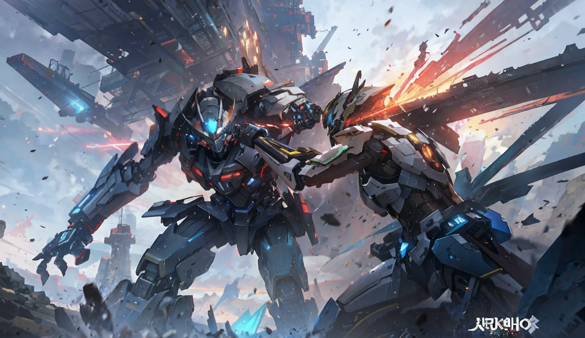 There are two robots fighting each other in a sci-fi environment, High quality digital concept art, author：Zhou Chen, krenz cushart and wenjun lin, soldiers and mech fight, cgsociety and fenghua zhong, author：Jeremy Chang, war mechs fighting, author：Lee Jeon-suk, by Yang J, author：feng zhu, mecha art