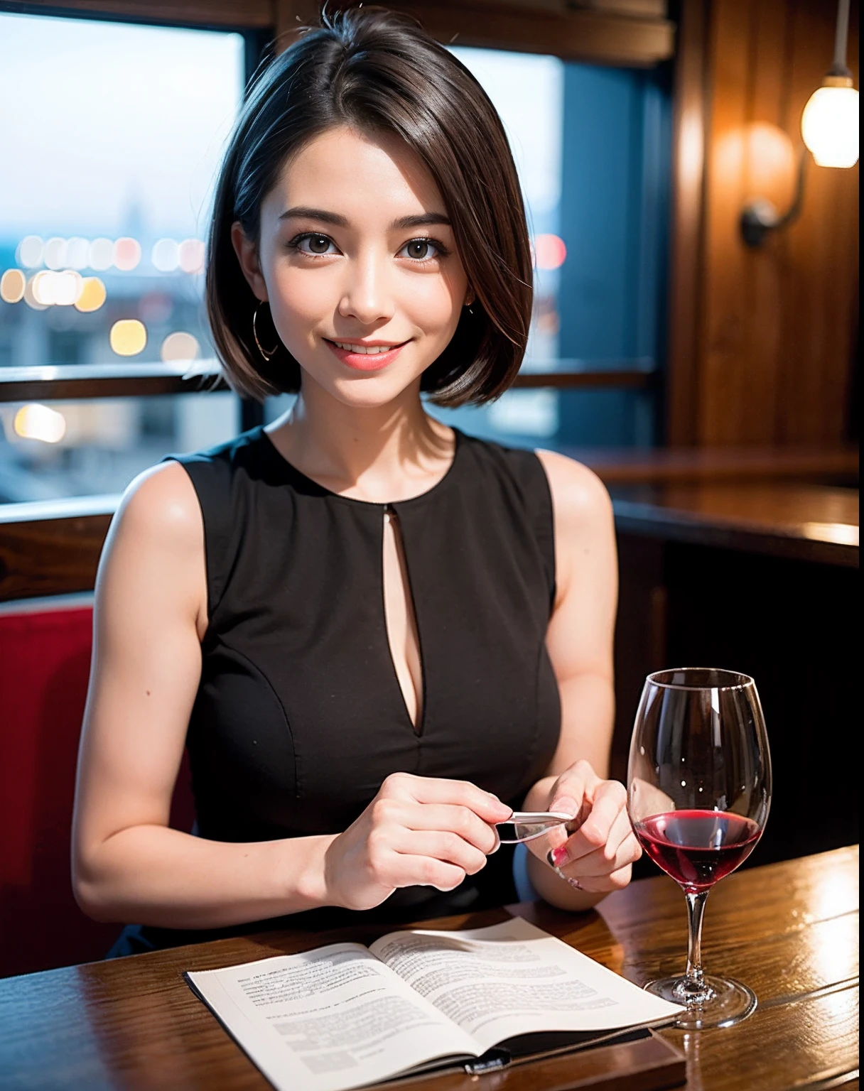 (64K, UHD, top quality, masterpiece: 1.2), (realistic, photorealistic: 1.37), super detailed, pretty woman 1 person, (slim face), (slim body), (brown hair), (short cut), cheeks slightly blushing, (44 years old), 38 years old, solo, beautiful detailed urban night view outside the window, restaurant, wine glasses sit, at night, in a prominent placeNovaFrogStyle, Actress, Model, Waist Up, White Wine, Slim, Wine Glass, Super Clean Night View, Wine Glass Put in the Middle, Happy Smile, (Smile: 1.15), Beautiful Fine Eyes, Upper Body, Bust Japan Up, Night, Short, Short, Actress, Model, Waist Up, White Wine, Slim, Wine Glass, Super Clean Night View, Wine Glass Put in the Middle, Happy Smile,