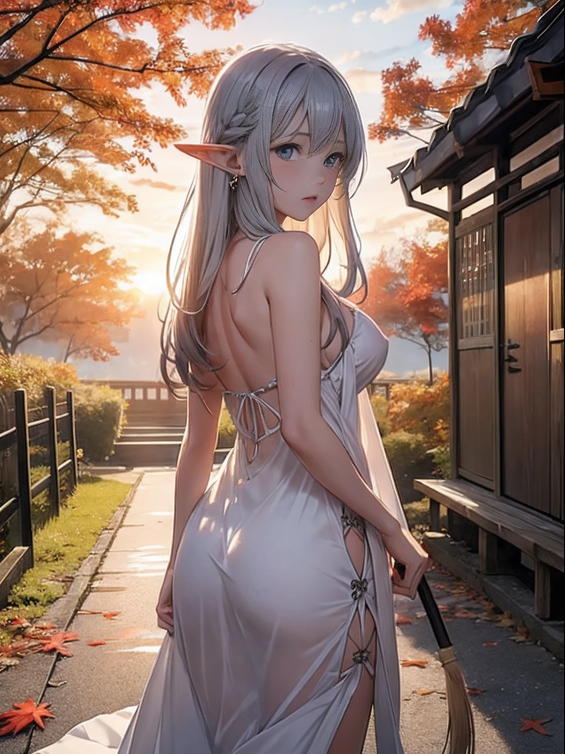 Mysterious sunset、shrines、maple trees、Colored leaves、Falling leaves flutter、Elven Girl、ears are pointed、Hair fluttering in the wind、Raking up your hair、Wet white dress、wetted skin、Colossal tits、sensual breasts、 Hi-Res、Shaded face、Blue eyes、Ash gray hair、Sunset from behind