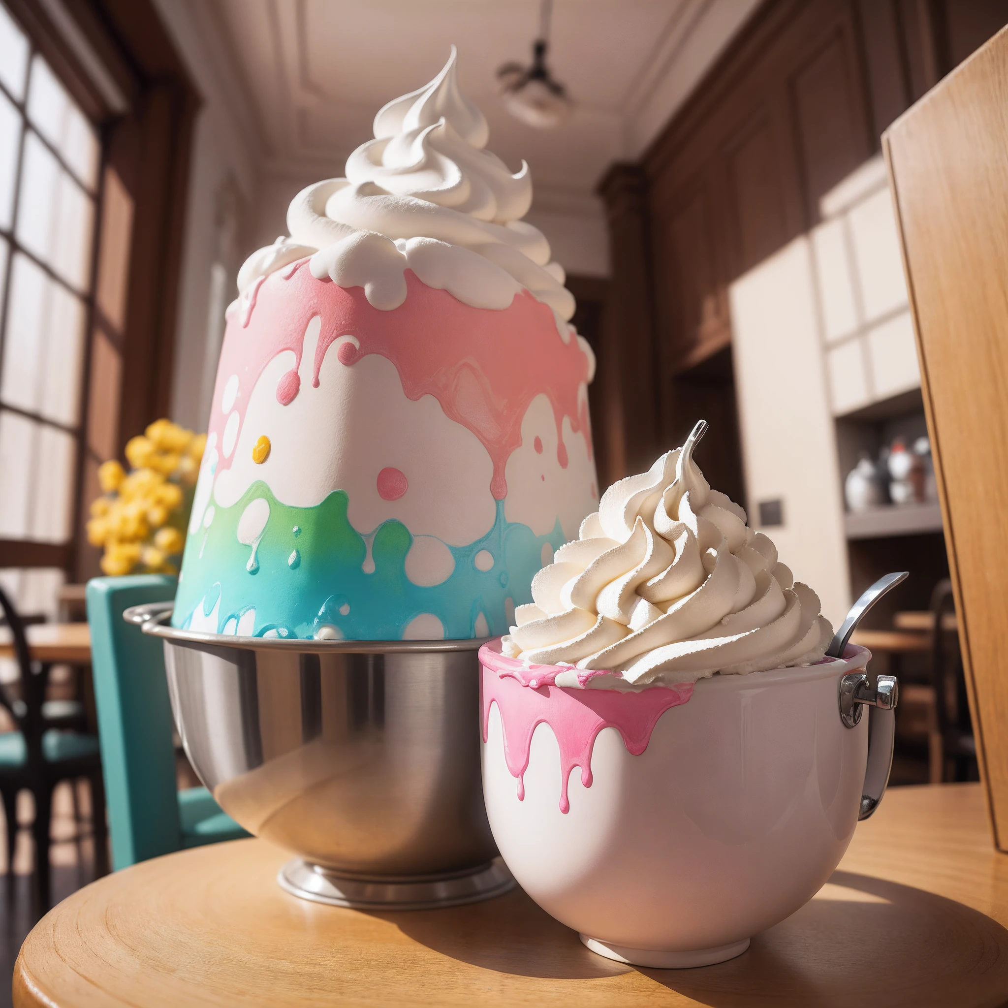 Absurdres, aberrant colors, watercolors painting, highest resolution, inner room cafè in background. A close-up of a hand-held mixer with a bowl of fluffy whipped cream.