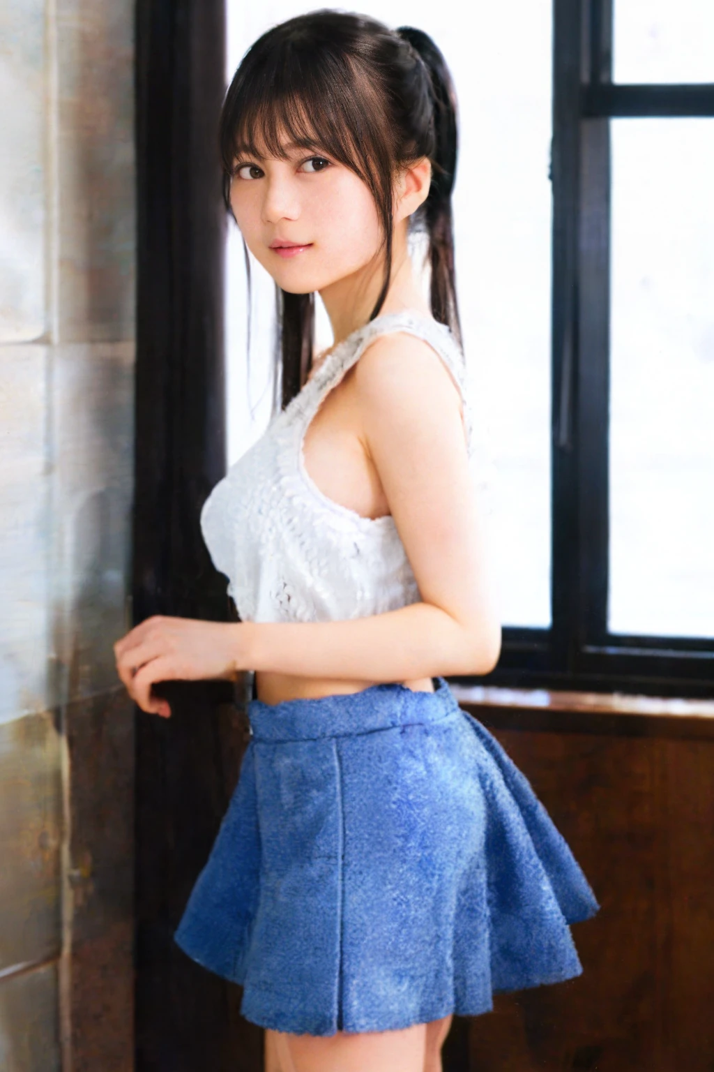 (ulzzang-6500-v1.1:0.8), Best Quality, Ultra High Definition, (Photorealistic:1.4), Cinema Light, Depth of Field,Beautiful Face, (PureErosFace_V1:0.3), Very Delicate and Beautiful, Highly Detailed,Unity,8k Wallpaper, Amazing, Fine Detail, Masterpiece,Best Quality, Best Quality, 1girl, Beautiful Detailed Girl, Highly detailed eyes and face, Beautiful detailed eyes,(Small hips:1.3), (Small breasts: 0.3), (((Miniskirt))), (((Tank top)), ((Yuki Kashiwagi: 0.8)), (((Akari Suda: 0.5)), Idol, Beauty, 25 years old