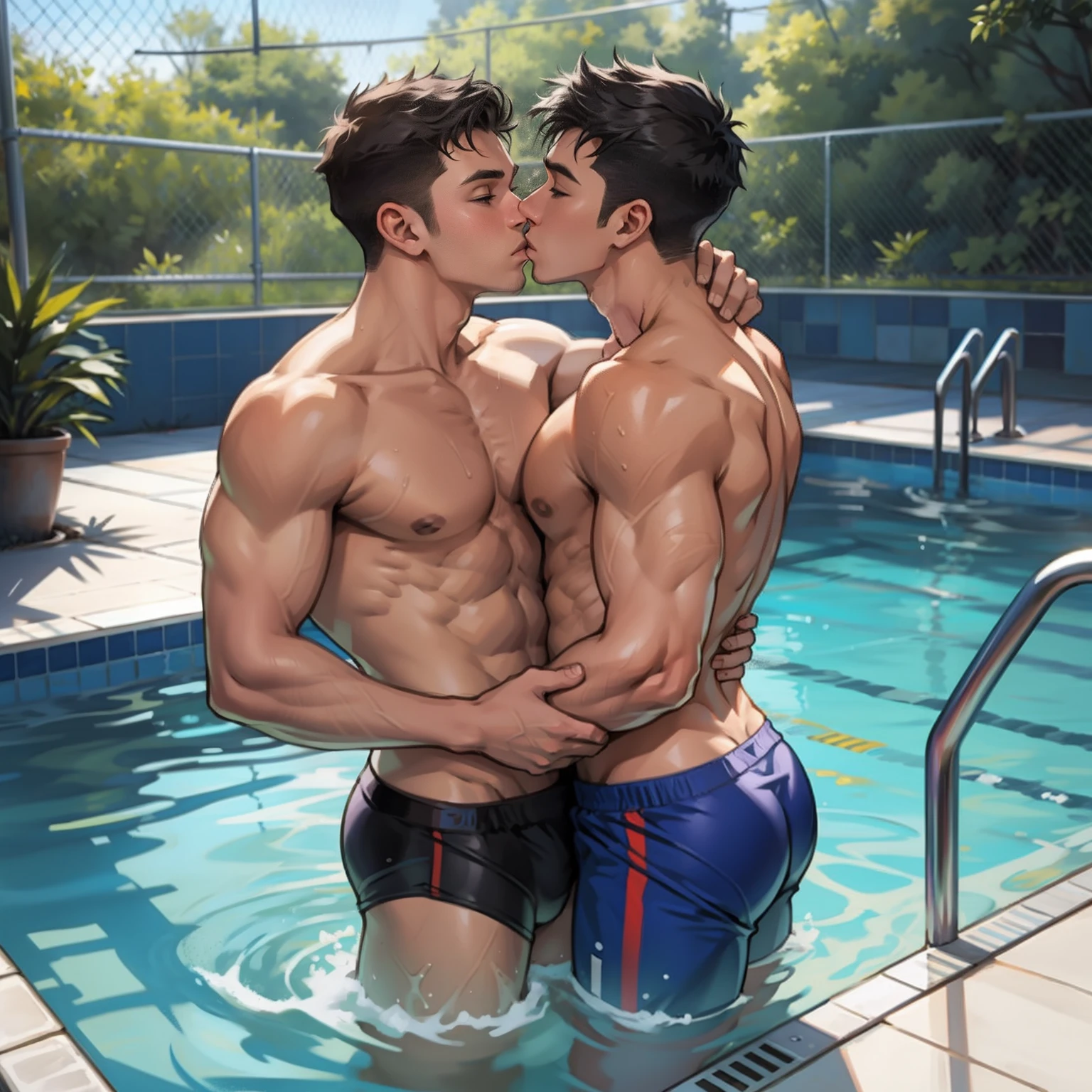 Two boys kissing,swimmingpool,Raised sexy