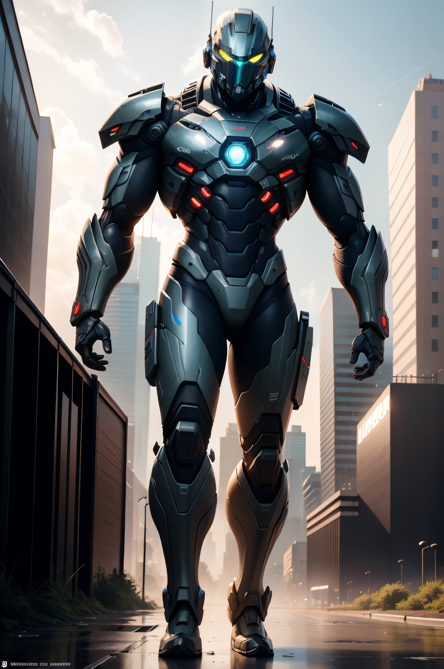 There is a robot in the middle of the city, crysis nanosuit, Crysis, Screenshot from the game 'Crysis', Game poster, Freeze frame of the game, game cg, hq artwork, Promotional poster of the game, HD artwork, Destruction of the cityscape, Master Chief in Cyberpunk City, high quality digital concept art, cg artist, game cover art, game key art, (8K, RAW photo, Best Quality, Masterpiece)