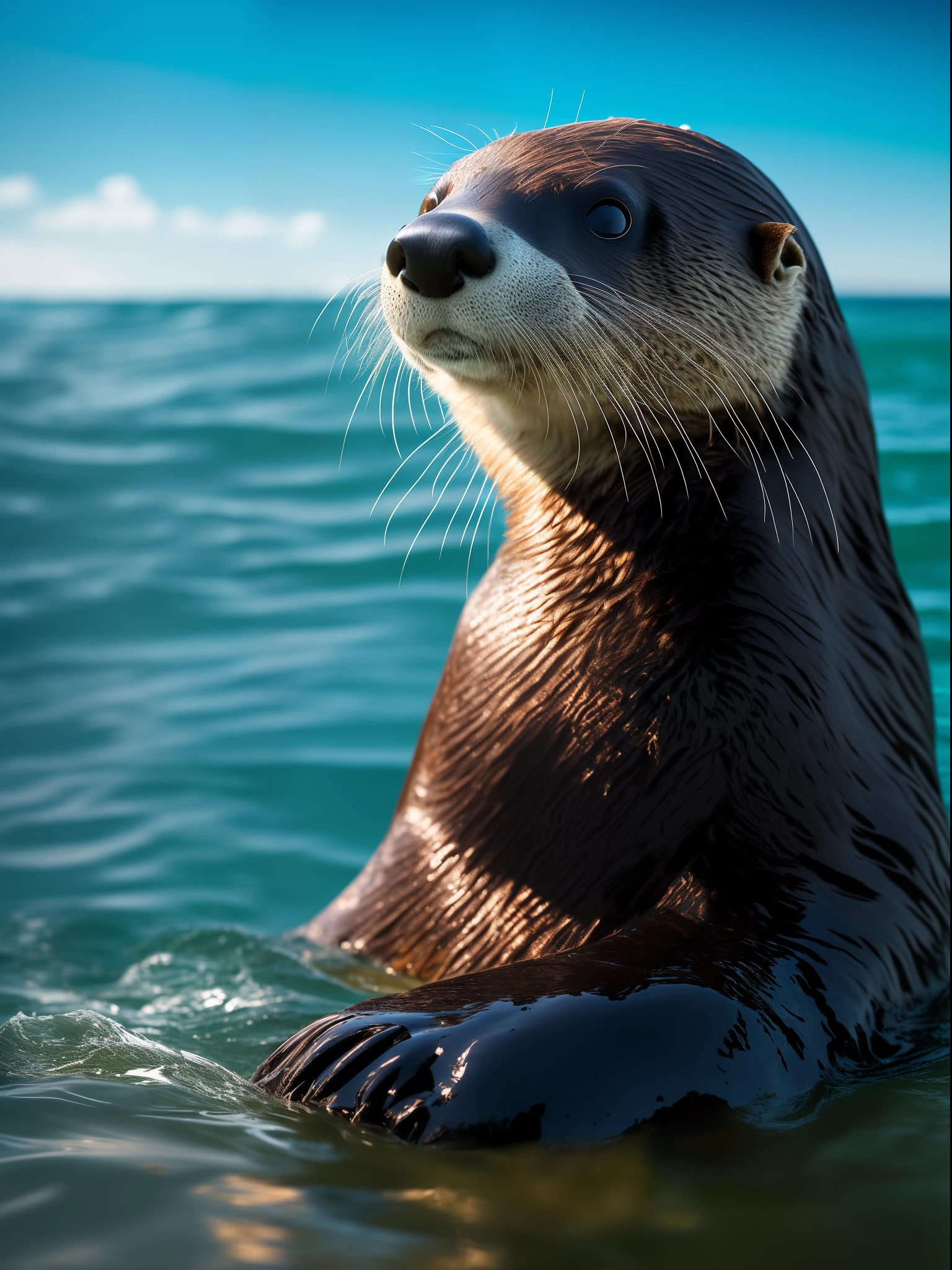 In the water is a sea otter with a shell in his hand , sea shell，cute otter, he is very relaxed, anthropomorphic furry otter, lewd poses, triumphant pose, otter, doing a sassy pose, BREAK BREAK BREAK, relaxing after a hard day, Sleepy,, relaxing, peaceful looking animals, very relaxing，The water is clear and clean，Super realistic， RAW photo, (8K、top-quality、tmasterpiece:1.2)、(intricately details:1.4)、(Photorealsitic:1.4)、Complex 3D Rendering Ultra Detail, vibrant detail, super detailing, Photorealsitic