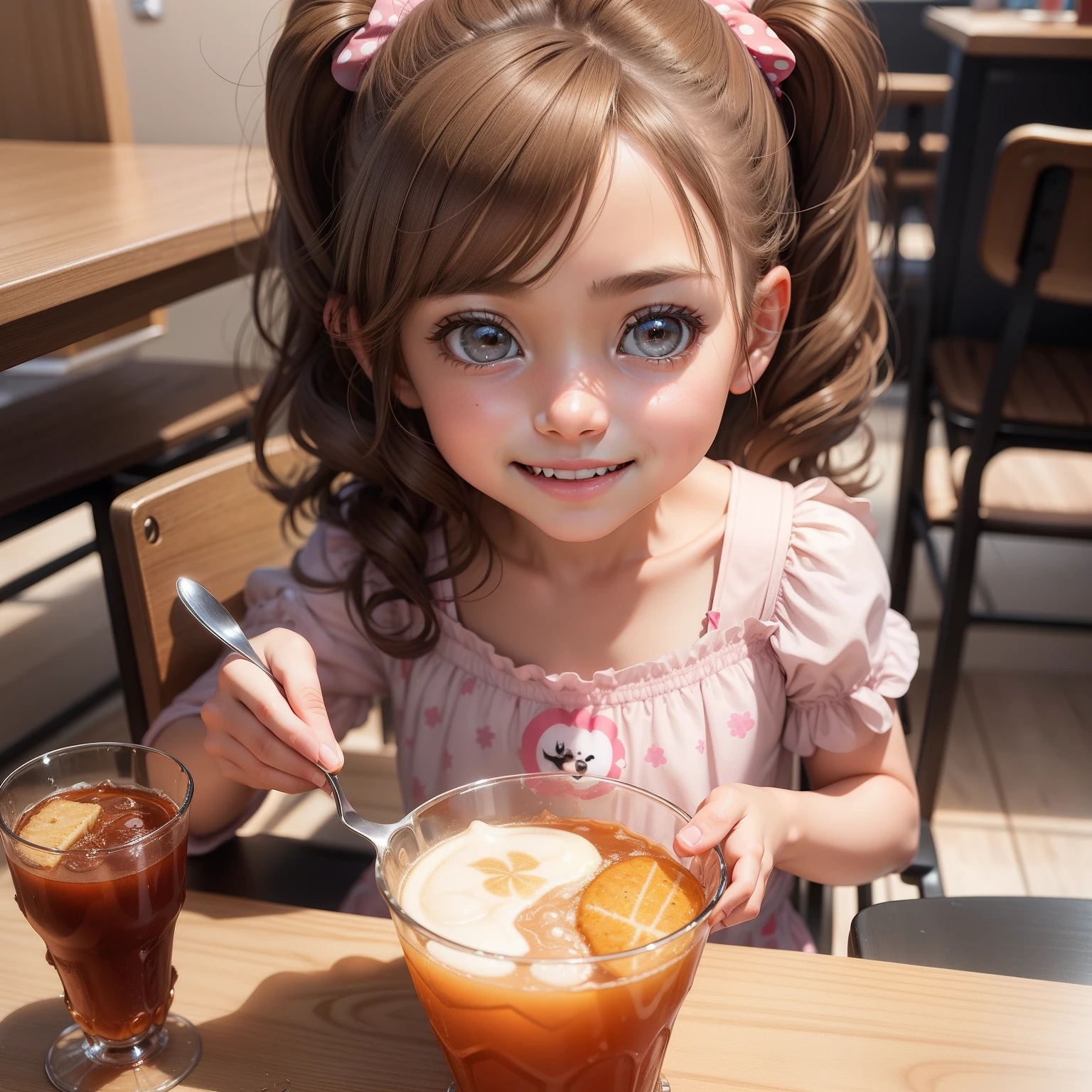 Making a girl, She is 8 , with light brown hair, she is smiling, Disney cartoons of this hungry variety, She eats a hamburger、Have a glass of Pixar soda., ..。.3D, by disney