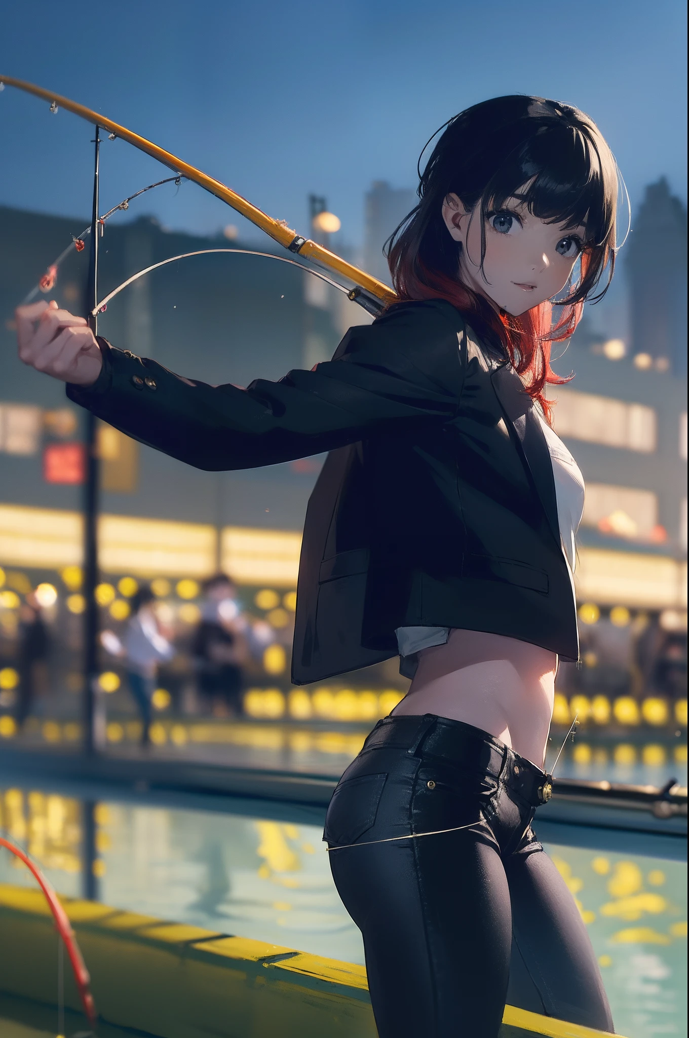((((casting a lure and having fishing rod with a reel by the lakeside:1.5)))),((Female 28 years old)),((Best Quality:1.5)),(((Hands with the correct number and structure of fingers:1.4))),((Big fish:1.37)),hight resolution,ultra-detailliert,masterpiece,best qualtiy,(Eight-headed body),Black hair, long eyes-lashes, Solid Circle Eyes, drop shadow, Atmospheric perspective,Super Detail, ccurate, small brest,(Black jacket and black jeans :1.1),top-quality, blurry backround, bokeh dof:1.2, (masterpiece:1.3), Atmospheric perspective,Super Detail,dynamic compositions,