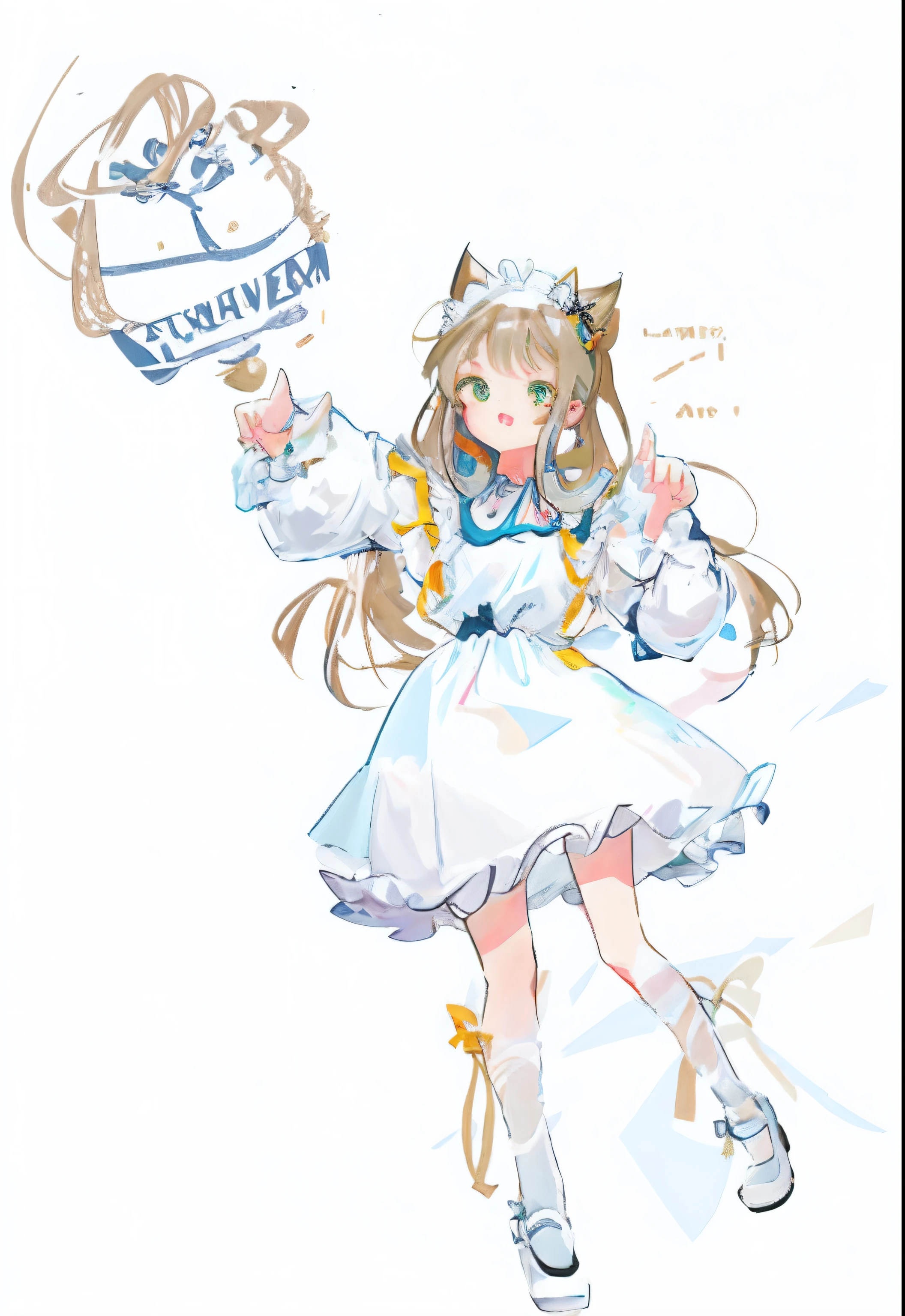 Painting of a girl holding a box, small curvaceous ****, holding a pudica pose, heavy outline, female furry mini cute style, pudica pose gesture, **** in dress, anime cat girl in a maid costume, Genshin character Kira Ryoshi,