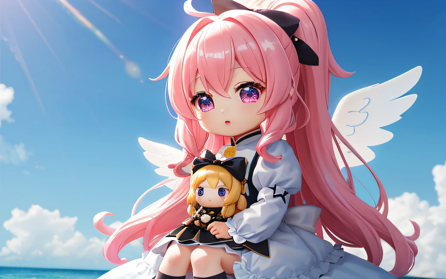 All together!,Pop Mart Blind Box IP、Close up of four cute knight dolls、Young One Angel Style、Wear longer, Dress fluently、Lop style、Poseline doll、Little people々々々々々々。Little people々々々々々々、unreal enginee 5、Light 3D/C4D production: 8K HD quality/illuminating/Ultra-fine lens description 1.5、flawless、Chibi Background/Cinematic。