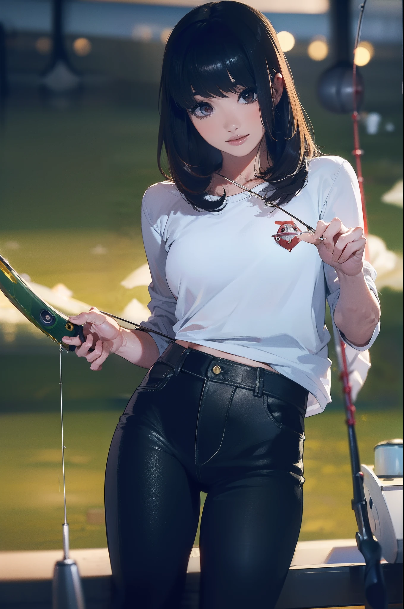 ((((casting a lure and having fishing rod with a reel by the lakeside:1.5)))),((Female 28 years old)),((Best Quality:1.5)),(((Hands with the correct number and structure of fingers:1.4))),((Big fish:1.37)),hight resolution,ultra-detailliert,masterpiece,best qualtiy,(Eight-headed body),Black hair, long eyes-lashes, Solid Circle Eyes, drop shadow, Atmospheric perspective,Super Detail, ccurate, small brest,(Black jacket and black jeans :1.1),top-quality, blurry backround, bokeh dof:1.2, (masterpiece:1.3), Atmospheric perspective,Super Detail,dynamic compositions,