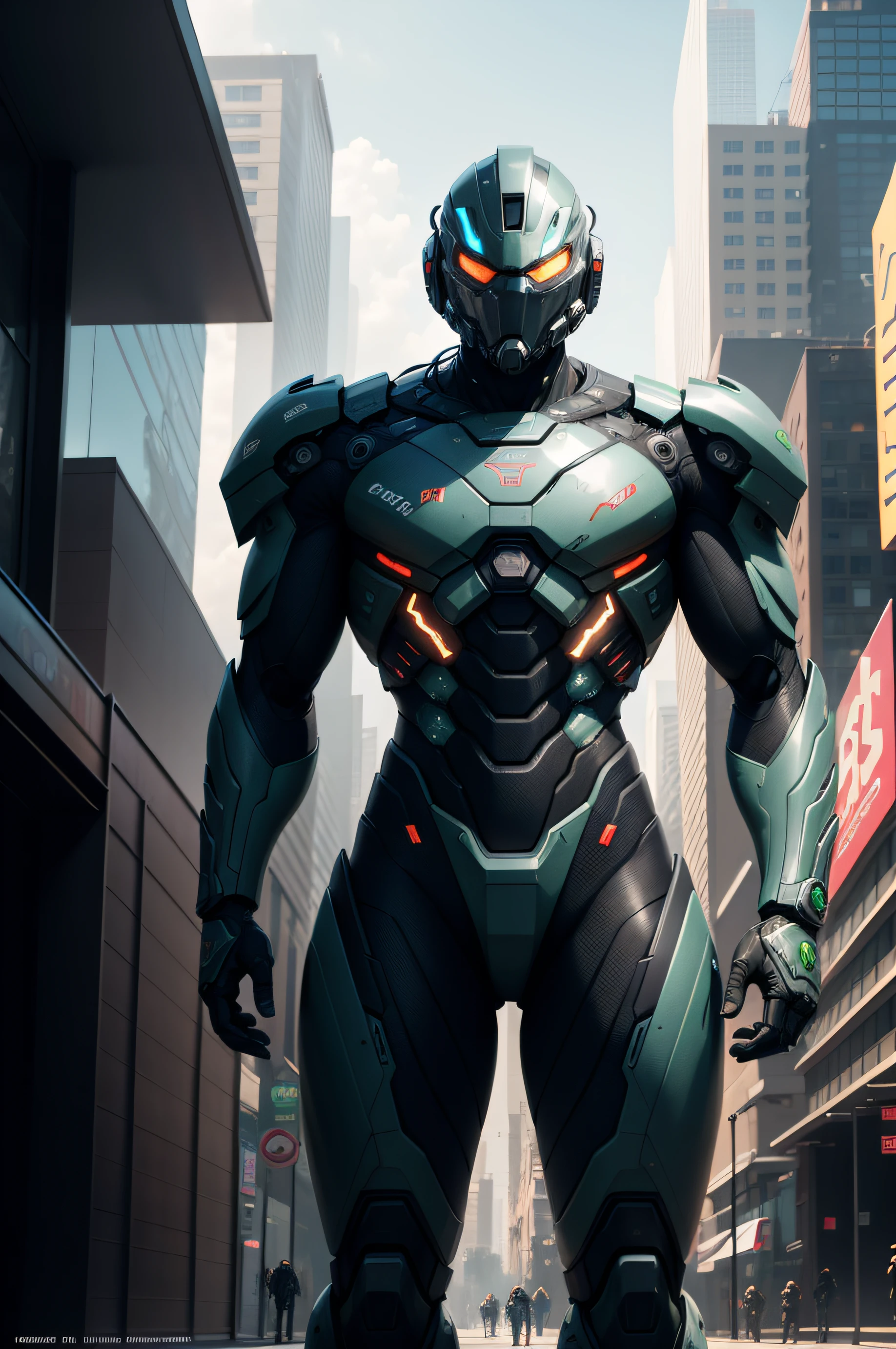 There is a robot in the middle of the city, crysis nanosuit, Crysis, Screenshot from the game 'Crysis', Game poster, Freeze frame of the game, game cg, hq artwork, Promotional poster of the game, HD artwork, Destruction of the cityscape, Master Chief in Cyberpunk City, high quality digital concept art, cg artist, game cover art, game key art, (8K, RAW photo, Best Quality, Masterpiece)
