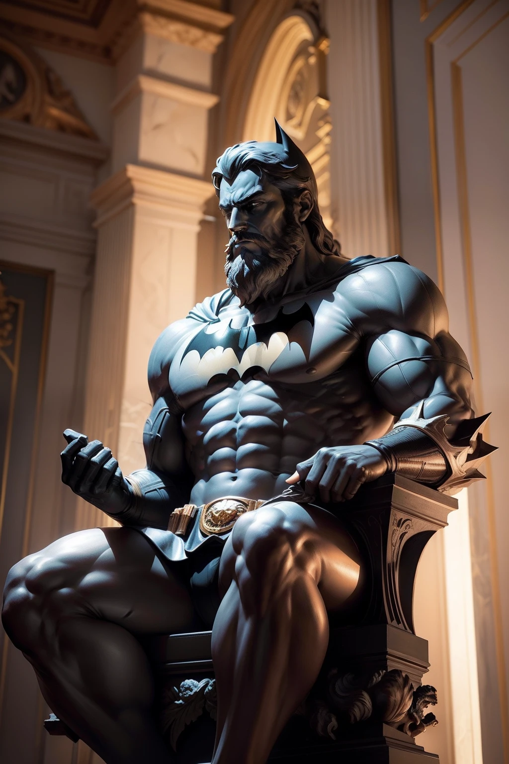 Batman statue of a man with a beard,power,sitting and thinking with profile vision, stoicism, Devine & Stoico, Posing Stand, Реалистичная скульптура 8K Bernini, Thinker, Sculpture by Michelangelo, Stoic attitude, philosopher, The Thinker's Pose, Tranquility and tranquility, Thinker, stoic, Michelangelo's Art Style, Classical sculpture, Classical statue, Stoic face,