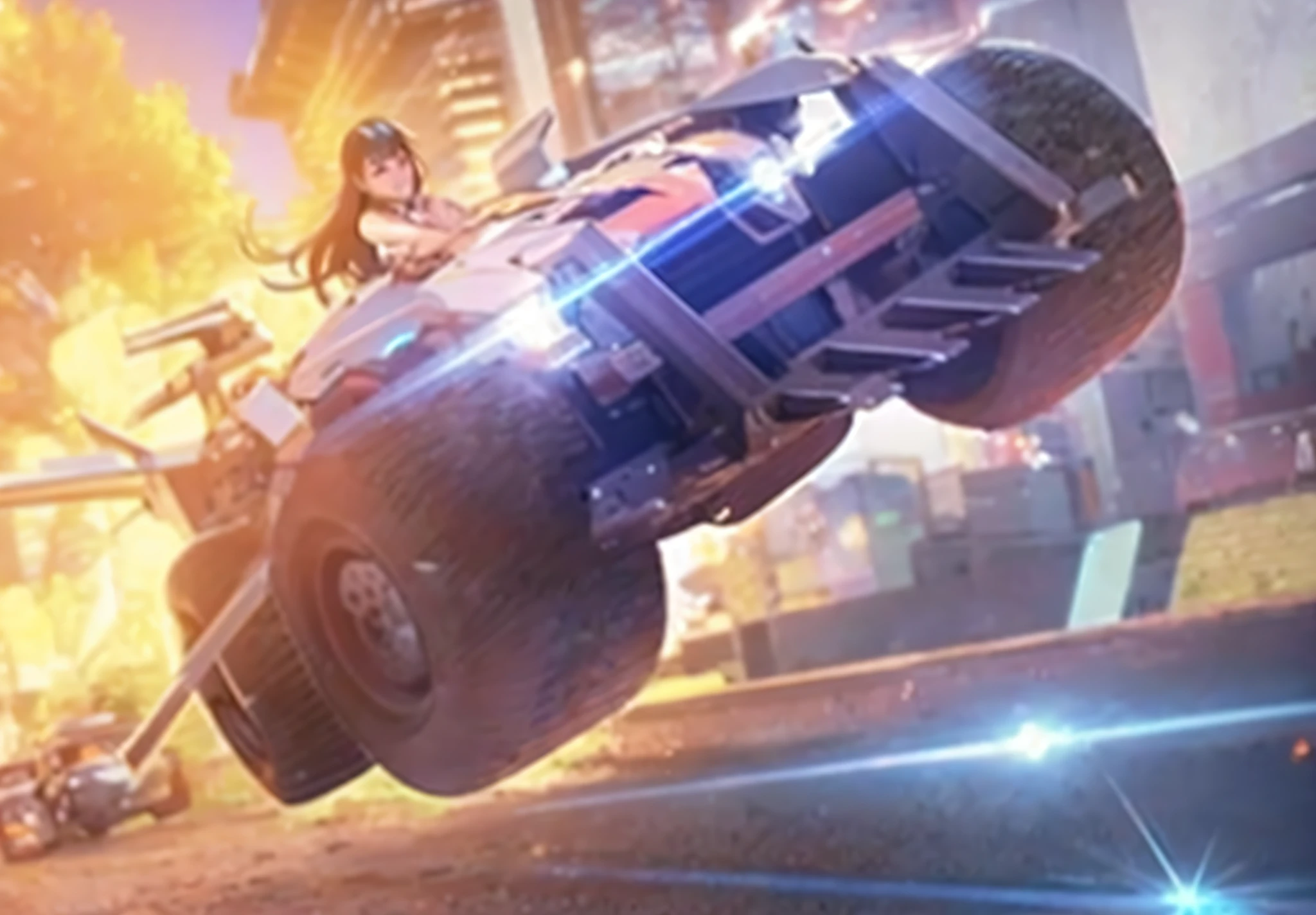 Close-up of a car on fire in the background, octane cgsociety, anime art vehicle concept art, octane trending on cgsociety, bastien grivet, Ross Tran 8 K, wojtek fus, ross tran and bayard wu, akira cgi movie stills, octane], daniel maidman octane rendering, Ross Tran style, rgp artwork, rocket league tank