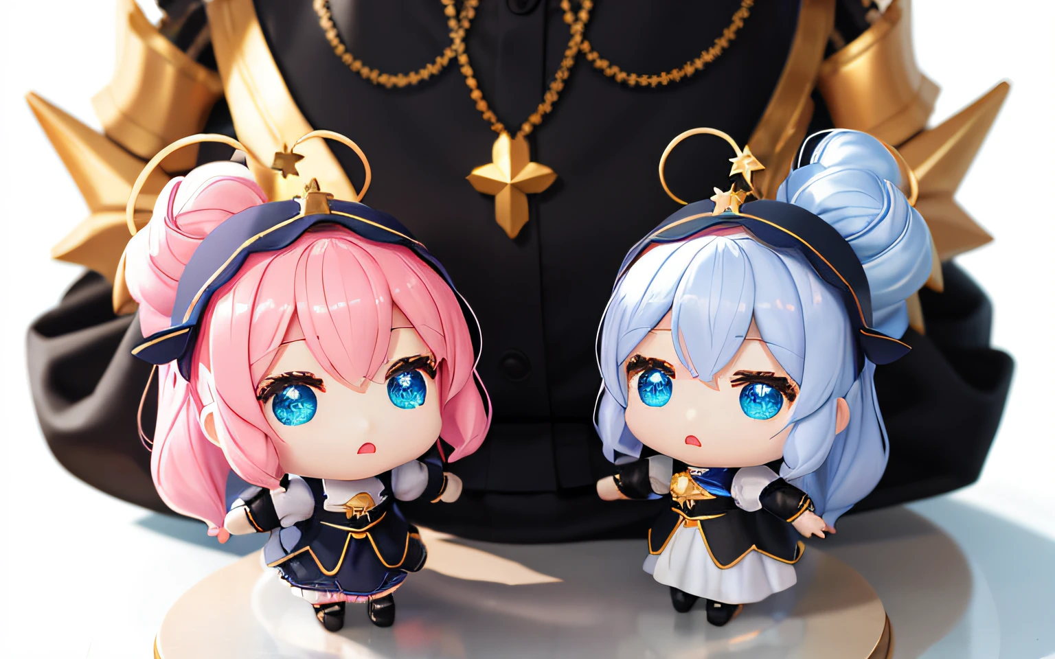 All together！，Pop Mart Blind Box IP、Close up of four cute knight dolls、Young One Angel Style、Wear longer, Dress fluently、Lop style、Poseline doll、Little people々々々々々々。Little people々々々々々々、unreal enginee 5、Light 3D/C4D production: 8K HD quality/illuminating/Ultra-fine lens description 1.5、flawless、Chibi Background/Cinematic。