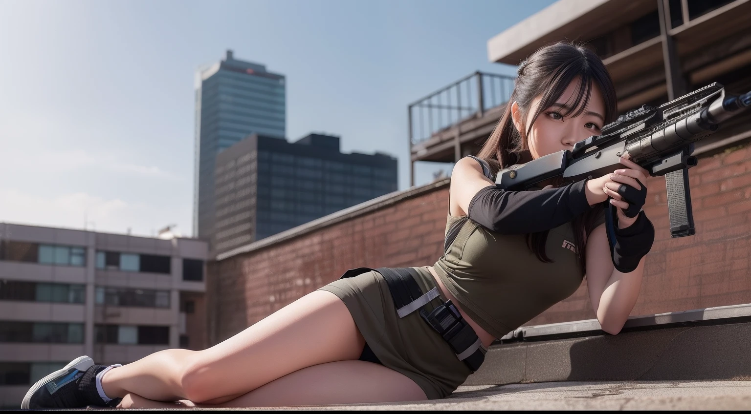 A female sniper ambushes the roof of a building,Armed with a sniper rifle and aim at the enemy,Battle background,Hyper-detail photography,Mattire,Golden ratio,Chinese woman、Youthful、Gilet blanc、Short purple skirt、Open navel、long whitr hair、Tall guy、Black hair color、full bodyesbian、photorealestic、skin highlights、largeeyes、perfect anatomia,Reclining,With a smile