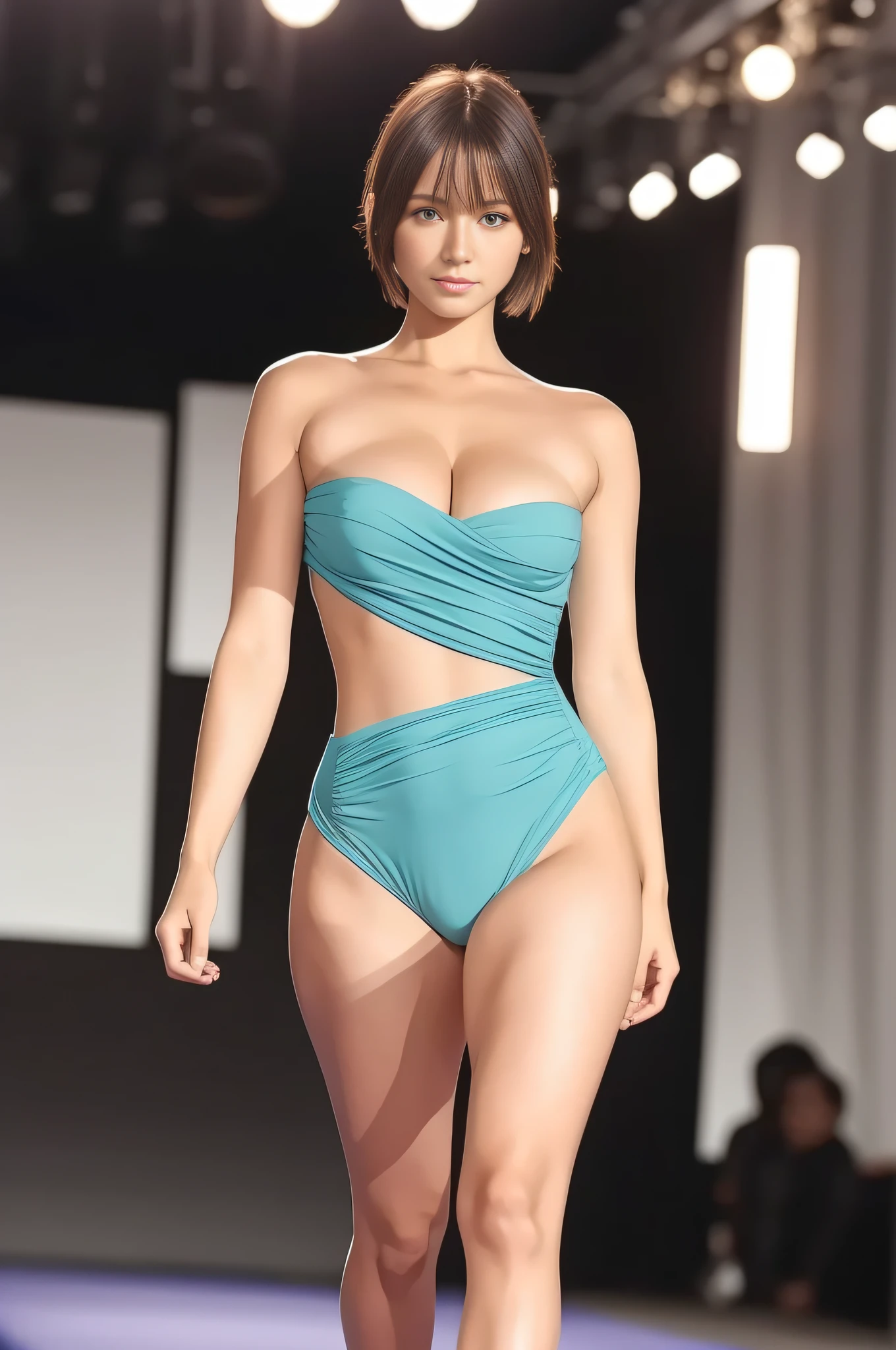 Best quality,tmasterpiece,1girll,red tinted hair,short detailed hair,eBlue eyes,shiny skins,sunflare,an award winning photograph,Wide-angle photo of the runway stage,morningglow,Healthy body, closeup cleavage, with dynamism, Photorealistic, Realistic, Dramatic, Dark, Sharp focus, 8K,20yr old,fully body photo(top-quality,8K,tmasterpiece:1.3),Sharp focus:1.2,Beautiful Women in Perfect Figure:1.4,Plump body type,The abdomen is slender:1.2,(Layered Hair Style,:1.2),Large breasts 1.3,Green floral one-piece swimsuit,High leg slit,(distance:1.2),Moist body:1.1,Get out of the water,Very delicate face and skin texture,Detailed eyes,二重まぶた,Raised sexy,marron marron,Real skin,Real eyebrows,Blue eyeballs,perfect proportion of body,On the catwalk,Catwalk pose,looking at viewert,Gaze towards the viewer