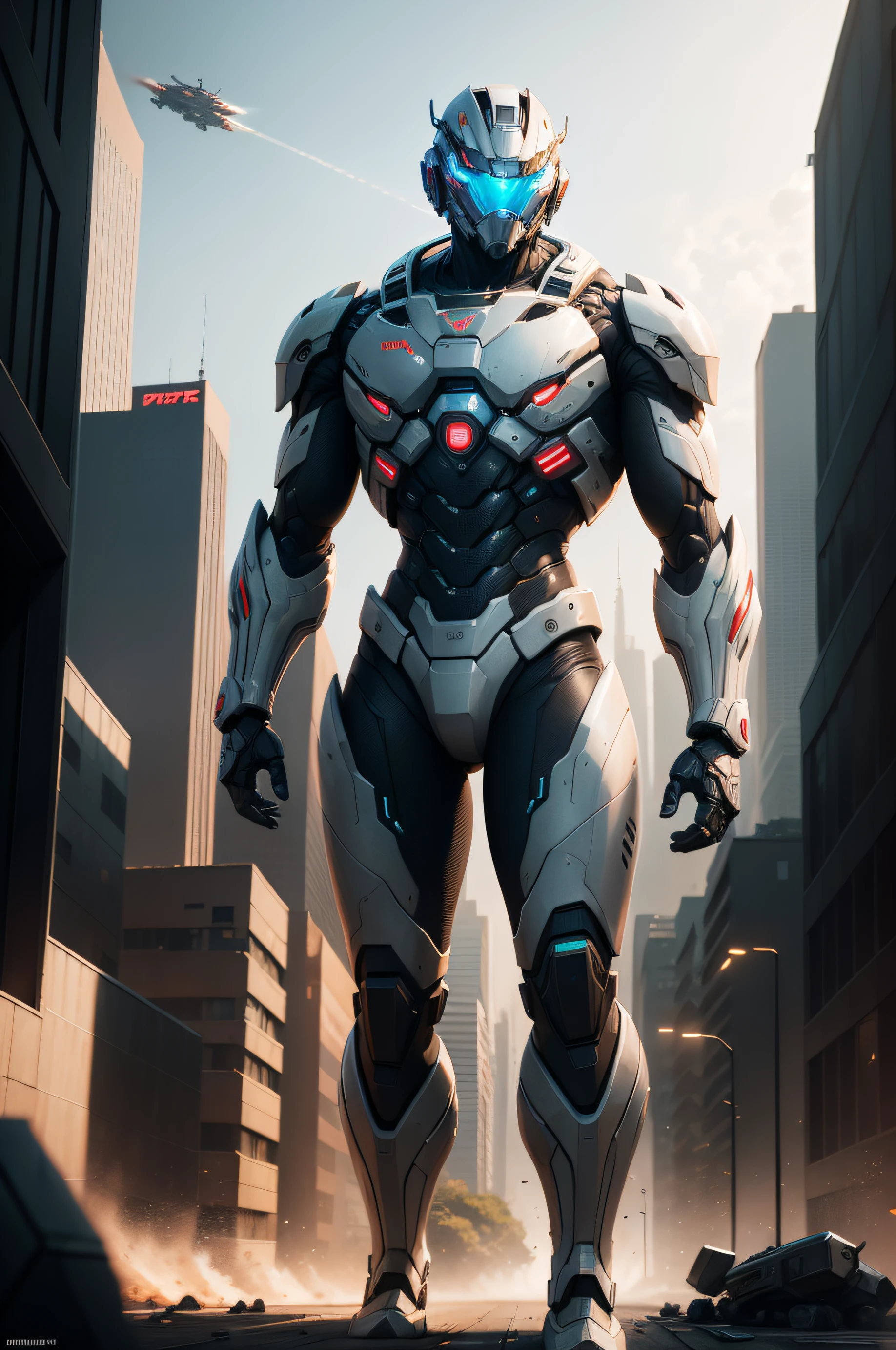 A boy, from the front, looking at the viewer, brunette with black hair, military haircut, robotic armor full of details, standing, a futuristic city in the background, natural lighting, ultra realistic photo, 8k