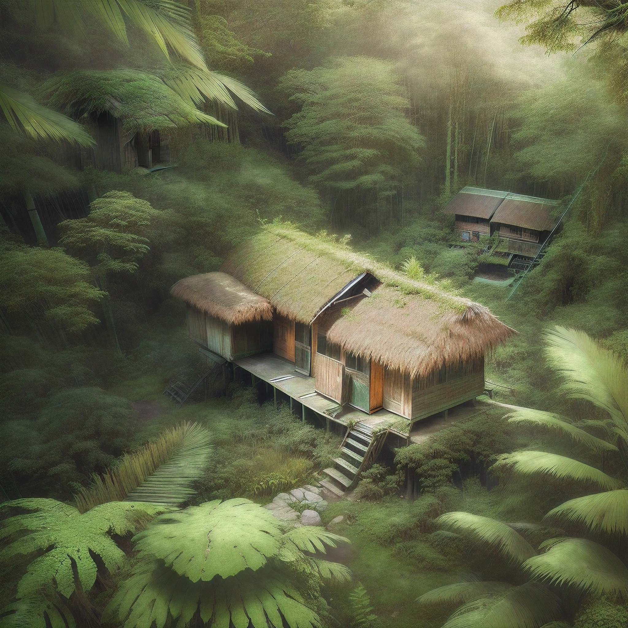arafed hut in the middle of a forest with five man standing in the doorway, tribe huts in the jungle, in a jungle environment, the small house in the forest, roofed forest, nestled in a forest, bamboo huts, jungle setting, true realistic image, house in forest, natural realistic render, placed in a lush forest, photographic render