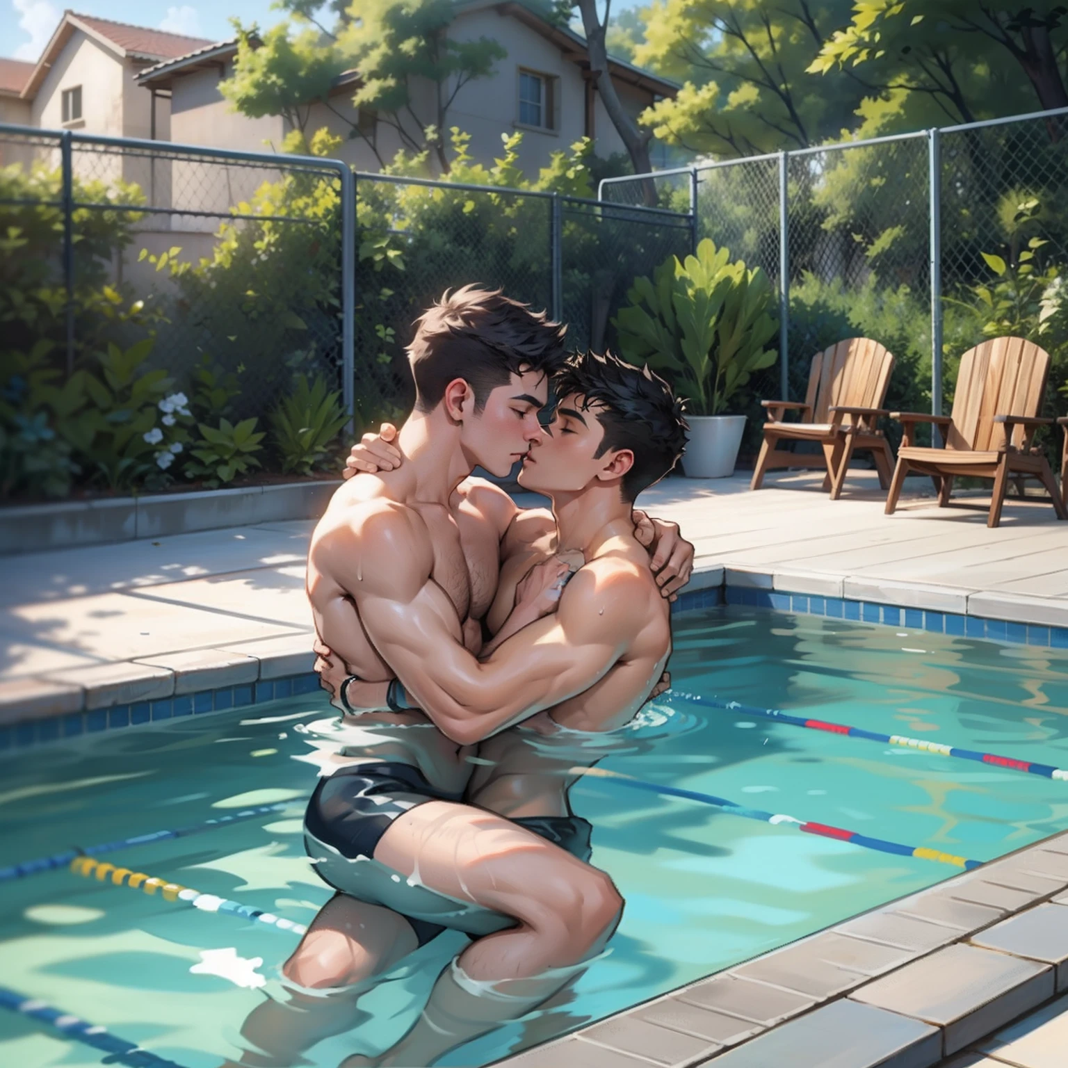 Two boys kissing,swimmingpool,Raised sexy