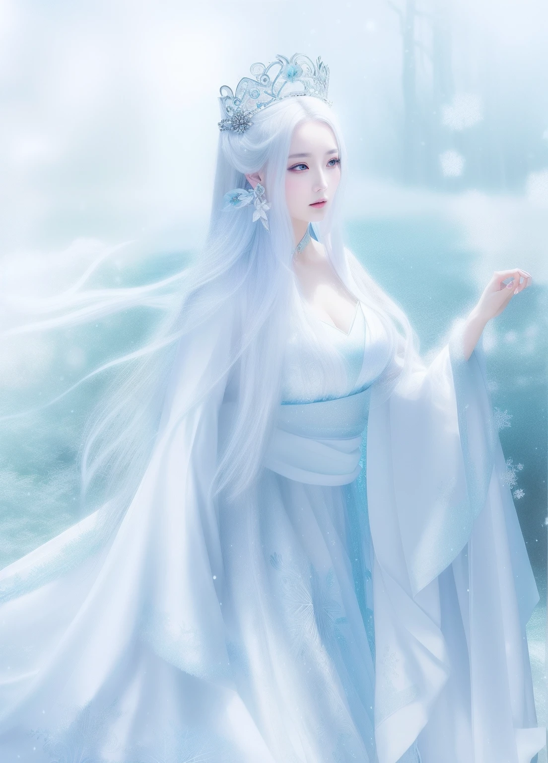 Anime girl wearing white dress,long hair flowing, goddess of winter, queen of ice and storm, ice sorceress, Winter queen, Ice Queen, xianxia fantasy, ((a beautiful fantasy empress)), a beautiful fantasy empress, queen of ice, Ice Princess, Fantasy art style, inspired by Ma Yuanyu, White-haired god