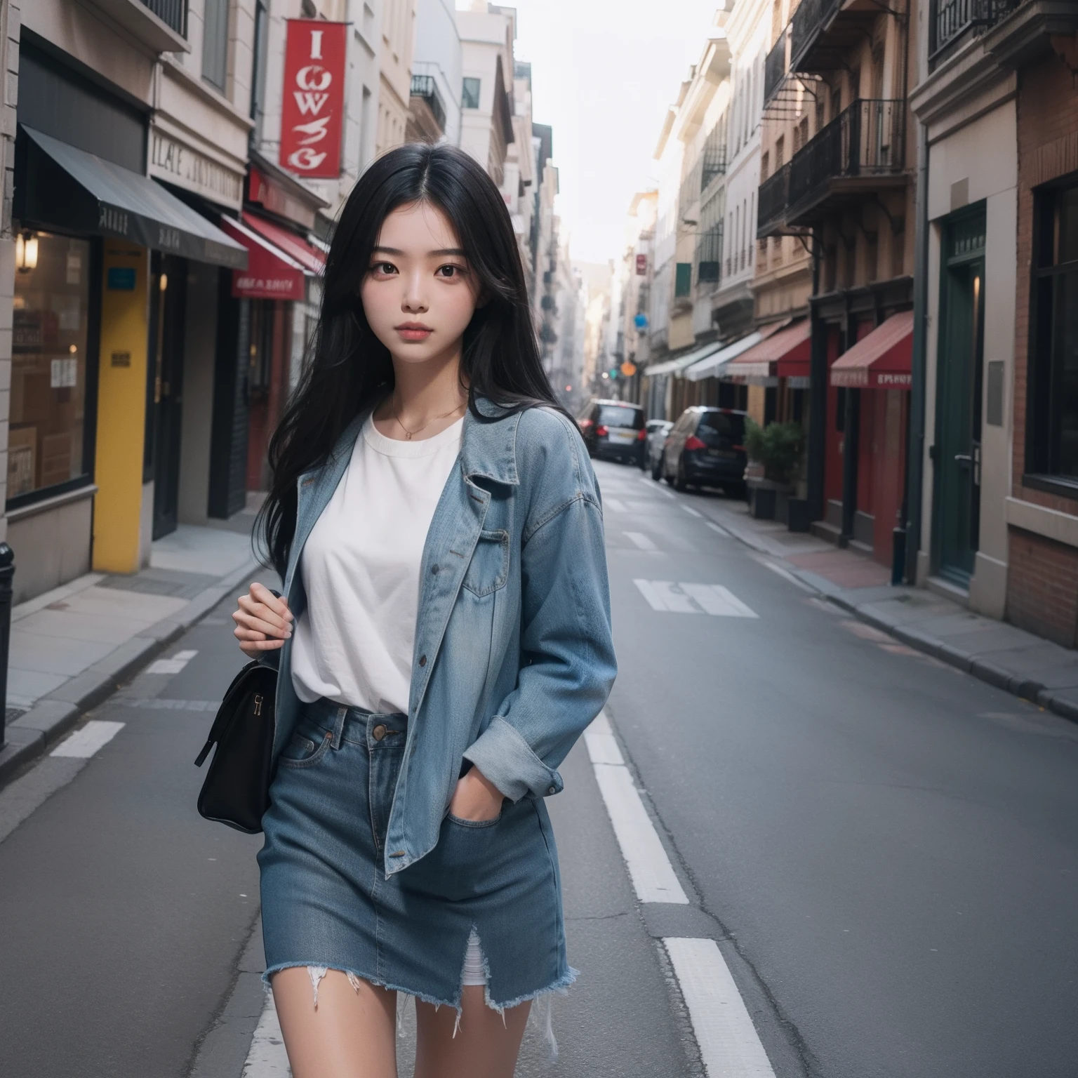 girl in a street,There is a girl with black hair.