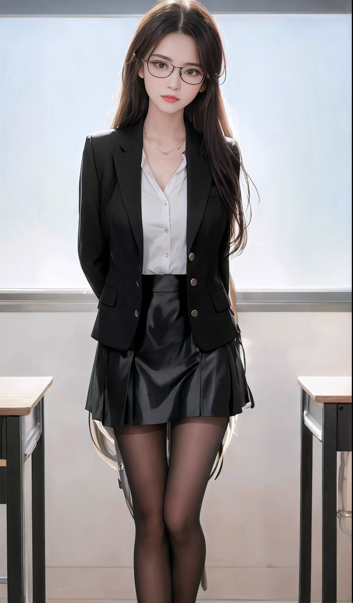 Close-up of a woman in a skirt and jacket posing for a photo, wearing jacket and skirt, JK school uniform, office clothes, Magical school student uniform, wearing a black noble suit, wearing a strict business suit, short skirt and a long jacket, girl in a suit, black leather slim clothes, business outfit, magic school uniform, school uniform, Girl in suit,wears glasses