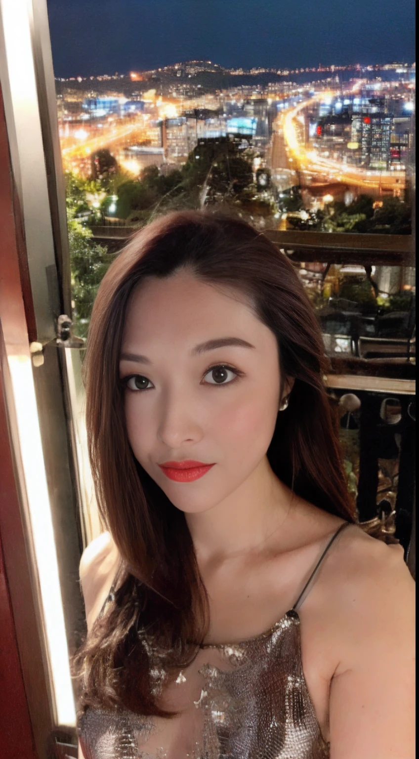 ((Best quality, 8k, Masterpiece: 1.3)), Selfie, Sharp focus: 1.2, Cute beautiful woman with perfect body: 1.4, Slim big breasts: 1.2, ((Brown hair dark, Big breasts: 1.2)) , (small transparent dress, half naked, highly detailed breasts, Happy expression, Standing: 1.2), ((Night view of the city with rain, Balcony simple: 1.3 making with the female being the main focus)), Highly detailed face and skin texture, Detailed eyes, Double eyelid，(nsfw:1.5),NSFW,