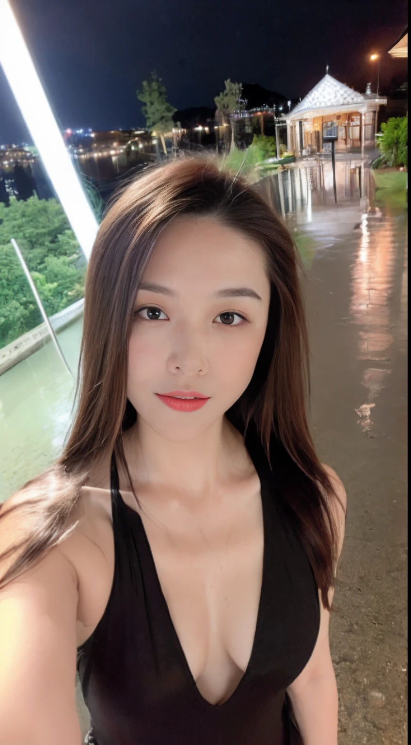 ((Best quality, 8k, Masterpiece: 1.3)), Selfie, Sharp focus: 1.2, Cute beautiful woman with perfect body: 1.4, Slim big breasts: 1.2, ((Brown hair dark, Big breasts: 1.2)) , (small transparent dress, half naked, highly detailed breasts, Happy expression, Standing: 1.2), ((Night view of the city with rain, Balcony simple: 1.3 making with the female being the main focus)), Highly detailed face and skin texture, Detailed eyes, Double eyelid，(nsfw:1.5),NSFW,