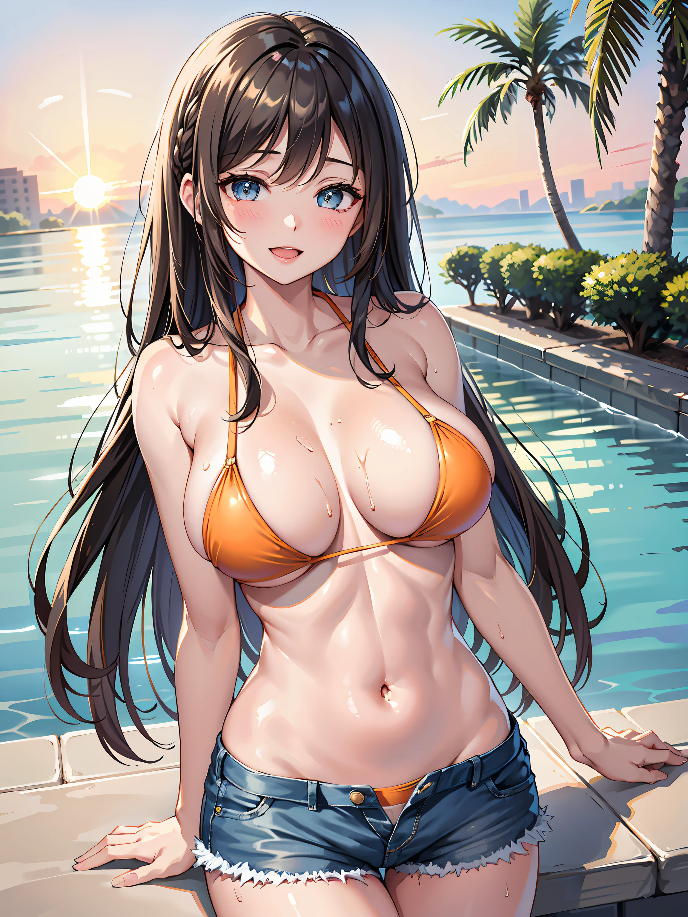 (1girl:1.3, solo), (Masterpiece, best quality, photorealistic, highres, photography, :1.3), ultra-detailed, sharp focus, professional photo, commercial photo, (upper body:1.3), (swimming in pool:1.3, 
 in water:1.3, breasts on water:1.37), (((starring at the viewer:1.5))), BREAK, 1girl, solo, milf, European girl, hot model, (attractive model:1.37), (promotional model:1.2), highly detailed eyes and pupils, realistic skin, (attractive body, gigantic breast:1.38, disproportionate breasts:1.38, thin waist:1.15), thin hair, single braid hair, shiny-black hair, extremely detailed hair, delicate sexy face, sensual gaze, shiny lips, BREAK, (orange bikini:1.3), (shorts:1.3), detailed clothes, BREAK, (outdoor, hotel pool background, in pool, water, breasts on water:1.3, blurry background:1.25, simple background, no-human background, detailed background), (under sunset:1.37), BREAK, (attractive posing), ((realistic, super realistic, realism, realistic detail)), perfect anatomy, perfect proportion, bokeh, depth of field, hyper sharp image, (attractive emotion, seductive smile:1.2, happy:1.2, blush:1.2, :d:1.2, :p:1.2), 4fingers and thumb, perfect human hands, wind,