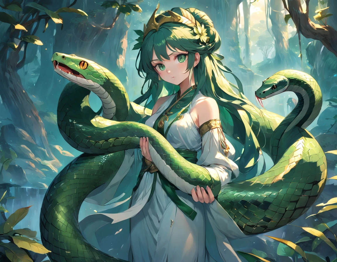 Snake goddess,The upper body is the human body,The lower body is a snake body,She has shiny scales,In a large ancient forest,pond side,There is a flock of birds flying in the sky,One of her hands was wrapped around a white snake,One had a green snake wrapped around his hand,With a garland on the head,There are magical fruits on the trees