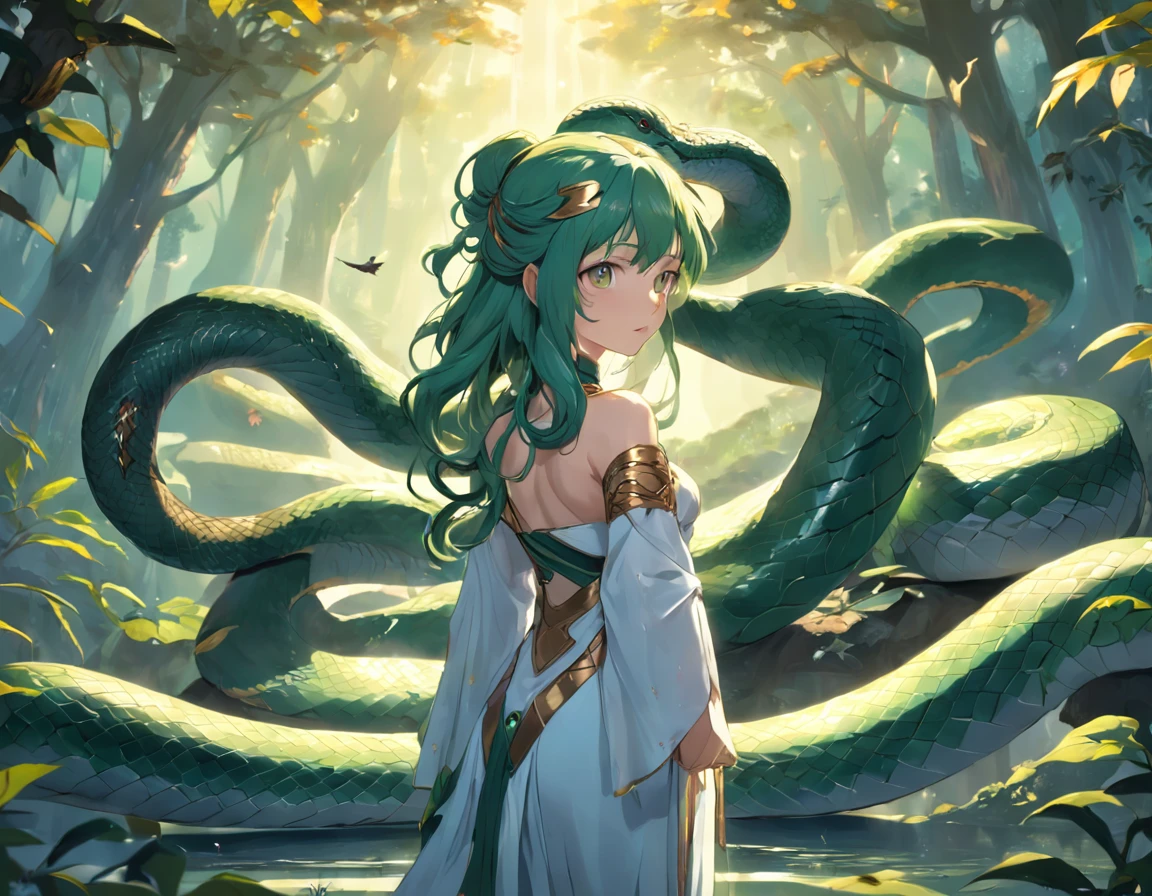 Snake goddess，The upper body is the human body，The lower body is a snake body，She has shiny scales，In a large ancient forest，pond side，There is a flock of birds flying in the sky，One of her hands was wrapped around a white snake，One had a green snake wrapped around his hand，With a garland on the head，There are magical fruits on the trees