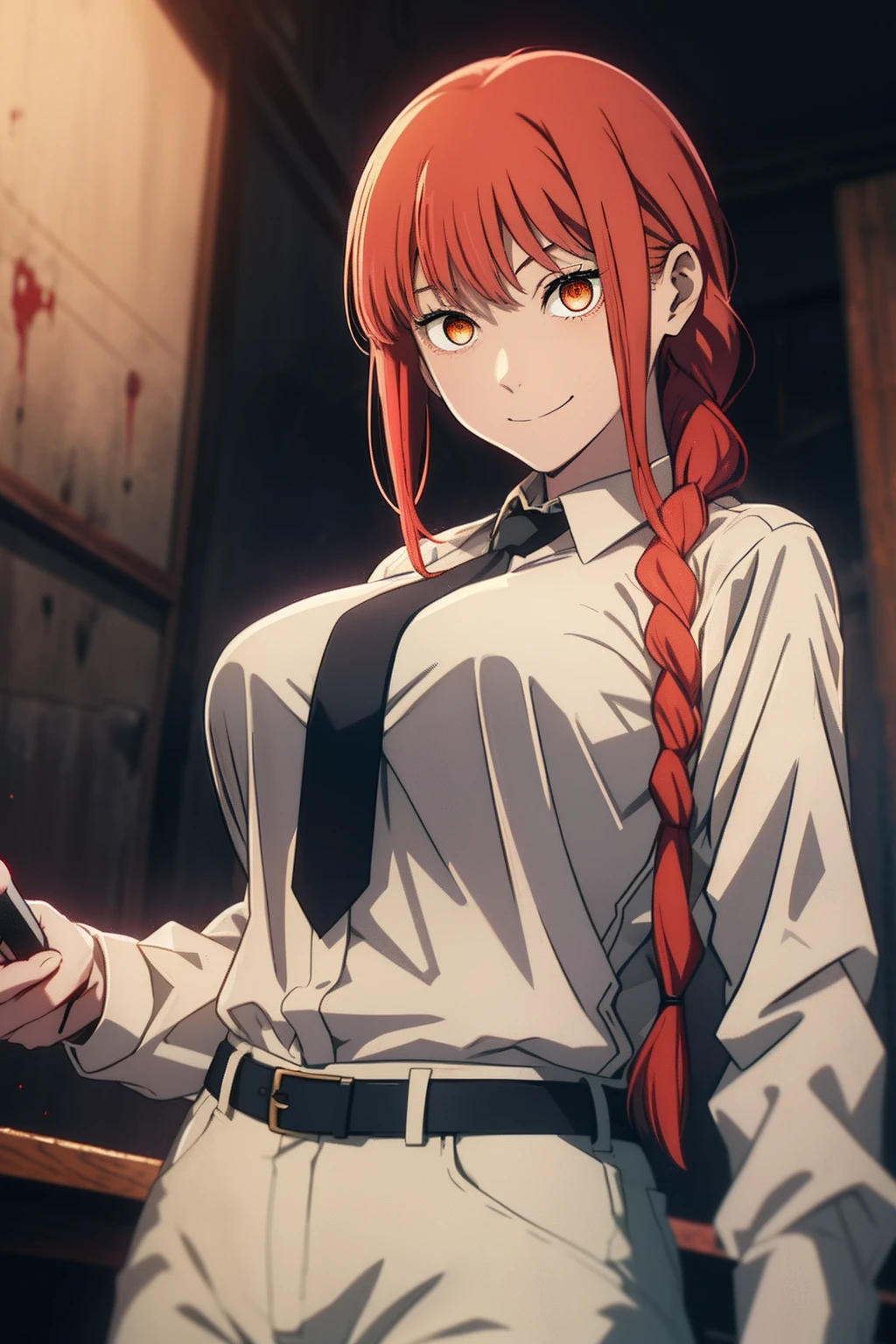 makima \(chainsaw man\), holding knife, blood rain, 1girl, solo, standing, red hair, long braided hair, golden eyes, bangs, ((huge breasts)), white shirt, necktie, stare, smile, (evil:1.2), looking at viewer, (interview:1.3), dark background, pants, black pants, best quality, shiny skin, highest quality, high resolution.