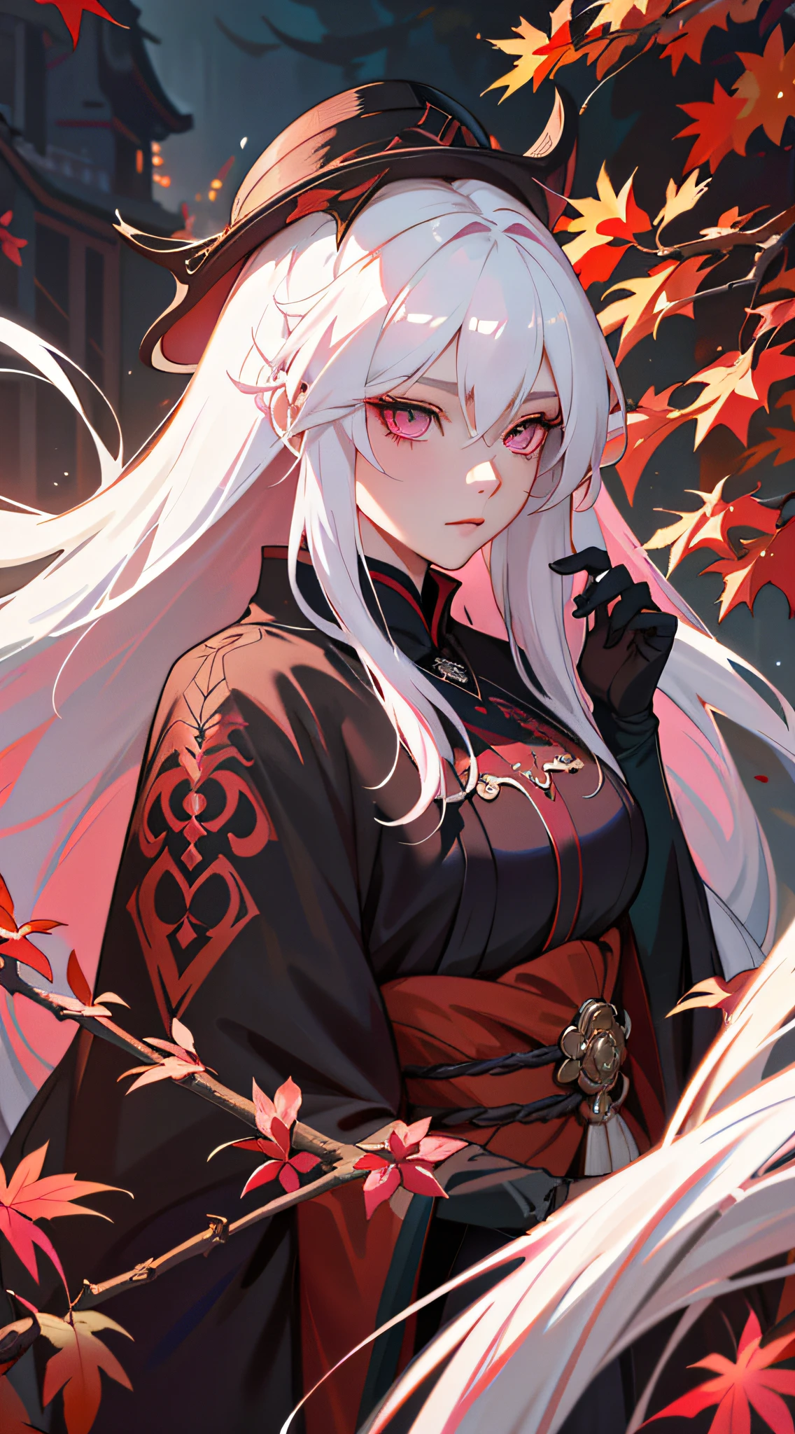 Close-up of woman with long white hair, pink eyes , Autumn theme, autumn,beautiful character painting, artwork in the style of guweiz, epic exquisite character art, stunning character art, guweiz on pixiv artstation, Masterpiece,Best Quality,official arts,extremely detailed CG unity 8k wallpaper,.