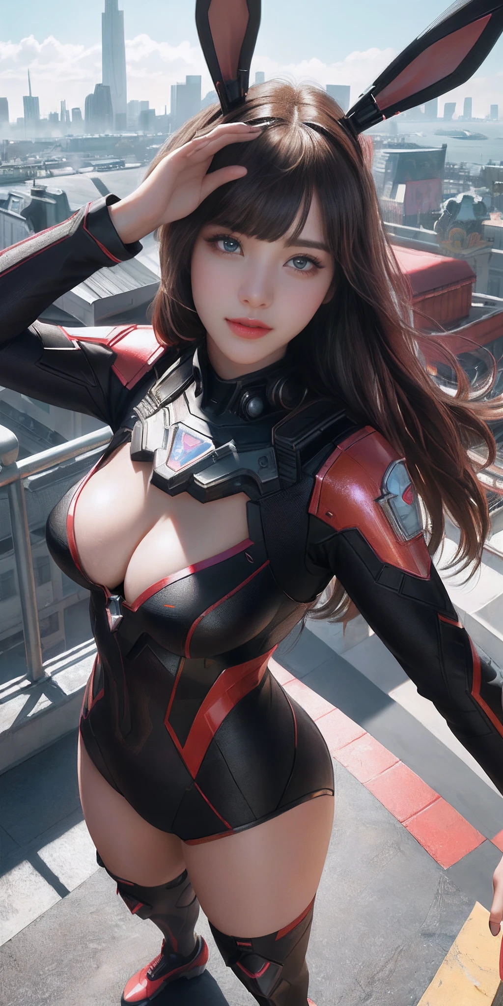 (1girl:1.3), Solo, (((Very detailed face)))), ((Very detailed eyes and face)))), Beautiful detail eyes, J-Cup breasts,Body parts__, Official art, Unified 8k wallpaper, Super detailed, beautiful and beautiful, beautiful, happy,smile,masterpiece, best quality, original, masterpiece, super fine photo, best quality, super high resolution, realistic realism, sunlight, full body portrait, amazing beauty, bunny ears,dynamic pose, delicate face, vibrant eyes, (from the front), She wears D.VA suit, blunt bangs,red and black color scheme, spider, very detailed amusement park background, rooftop, overlooking the city, detailed face, detailed complex busy background, messy, gorgeous, milky white, highly detailed skin, realistic skin details, visible pores, clear focus, volumetric fog, 8k uhd, DSLR, high quality, film grain, fair skin, photo realism, lomography, futuristic dystopian megalopolis, translucent