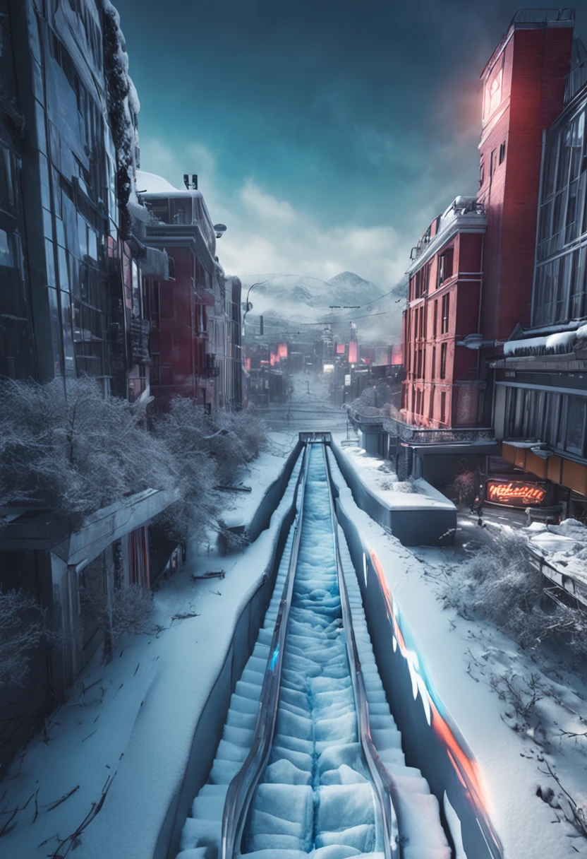 "Snow-covered cyberpunk style ice slide"