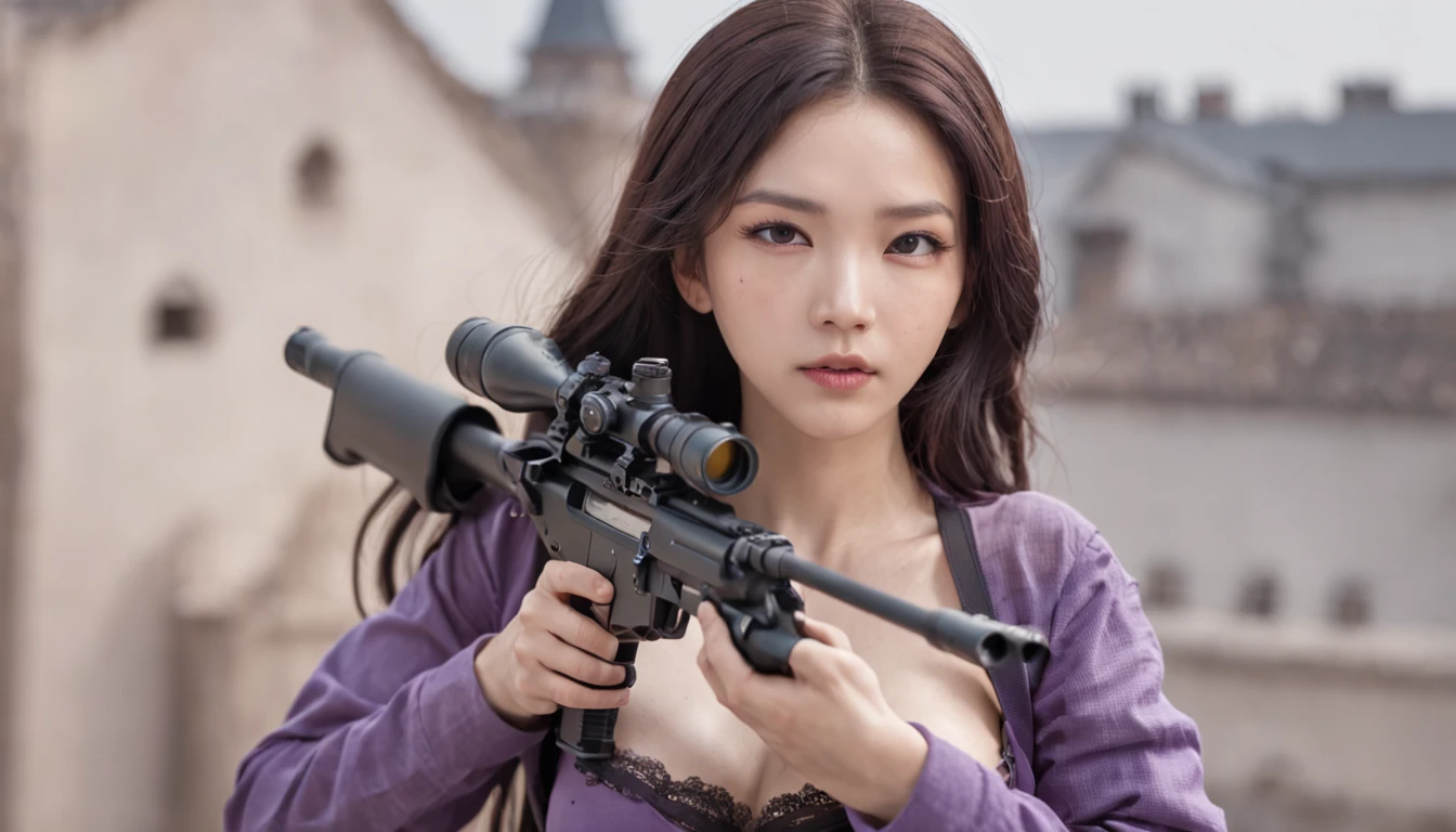 A female sniper ambushes the roof of a building,Armed with a sniper rifle and aim at the enemy,Battle background,Hyper-detail photography,Mattire,Golden ratio,Chinese woman、Youthful、white under lingerie、Short purple skirt、Open navel、long whitr hair、Tall guy、Black hair color、full bodyesbian、photorealestic、skin highlights、largeeyes、perfect anatomia,Reclining,With a smile