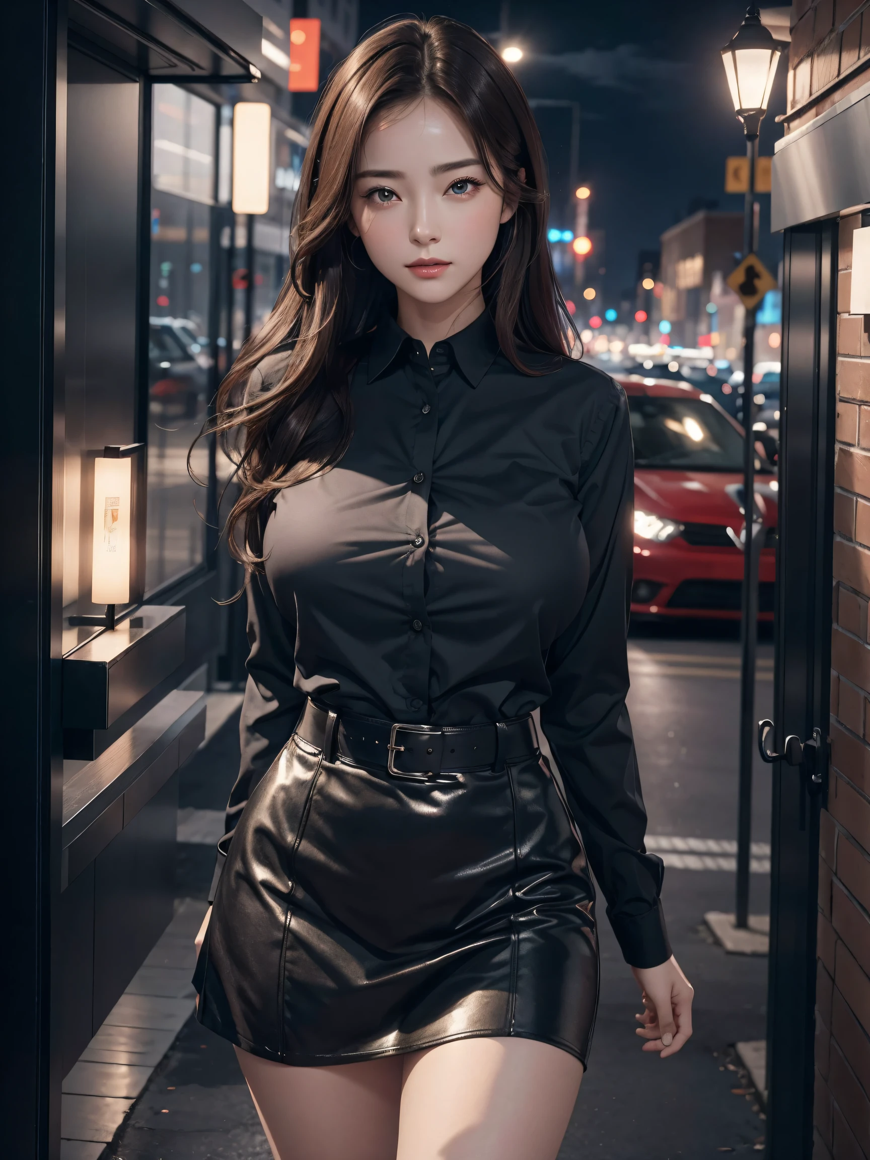 photorealistic, masterpiece, best quality, raw photo, from above, upper body:1.5, bust-up, night situation,
BREAK,
1girl, biggest breasts, gigantic breasts:1.38, disproportionate breasts:1.38, medium-length hair, brown hair, (extremely pretty and beautiful Japanese actress face:1.3, Korean actress face:1.3, beautiful clean face),
BREAK,
classy collared shirt, black tight skirt,
BREAK,
looking at viewer, standing at corner, dark position, attractive emotion, rim lighting, cinematic lighting, at night, in the dark, deep shadow, at night, natural shading, low key, intricate detail, detailed skin, pore, highres, hdr, 4k, realistic,