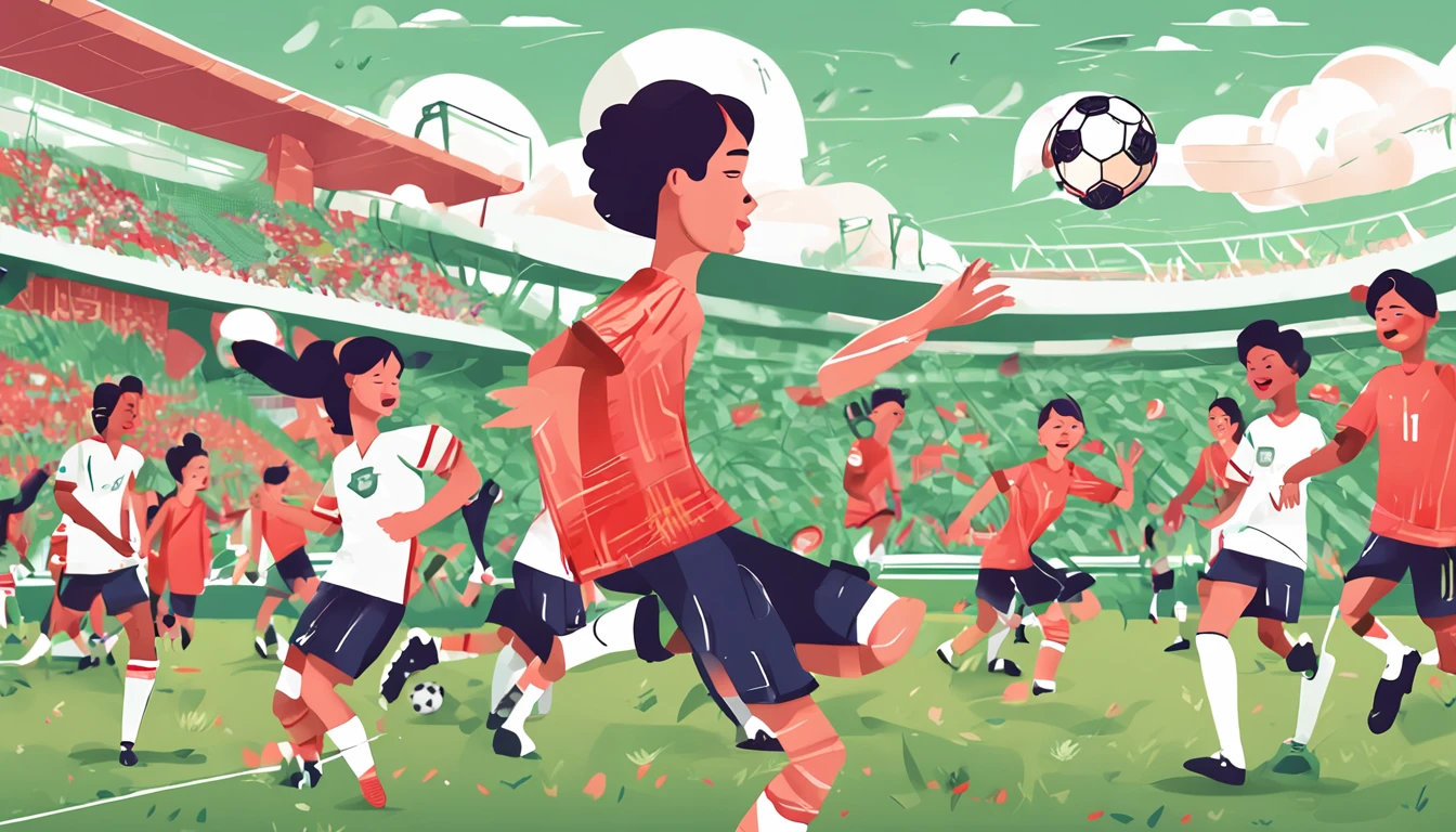 Many Chinese teenagers play soccer in the green, inspired by Oswaldo Viteri, soccer player, inspired by Esteban Vicente, editorialillustrations, soccer ball, goddes, in style of digital illustration, animation illustrative style, Game illustration, Poster illustration, play soccer, editorial illustration colorful, Green and white, inspired by John Keane, 🪔 🎨;🌞🌄