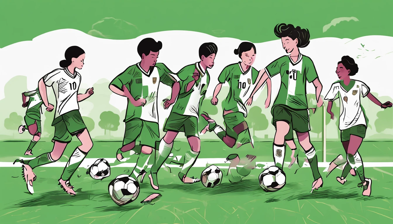 Many Chinese agers play soccer in the green, inspired by Oswaldo Viteri, soccer player, inspired by Esteban Vicente, editorialillustrations, soccer ball, goddes, in style of digital illustration, animation illustrative style, Game illustration, Poster illustration, play soccer, editorial illustration colorful, Green and white, inspired by John Keane, 🪔 🎨;🌞🌄