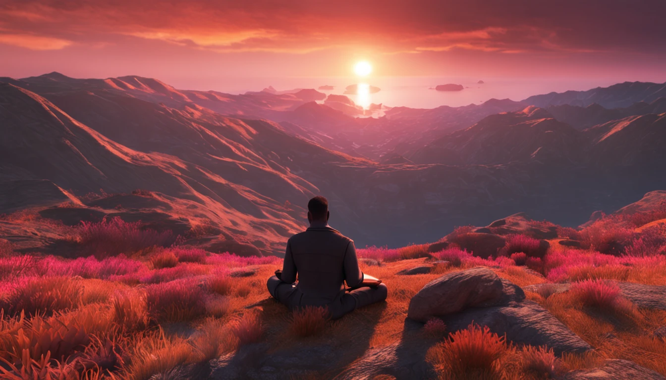 Full-fledged monks sit in a meditative position, Contemplate the beautiful horizon as the sun sets, Man has a deep connection with God, The landscape is super detailed, Ultra-realistic man, All good，It's beautiful, hyper qualit. 8K realism