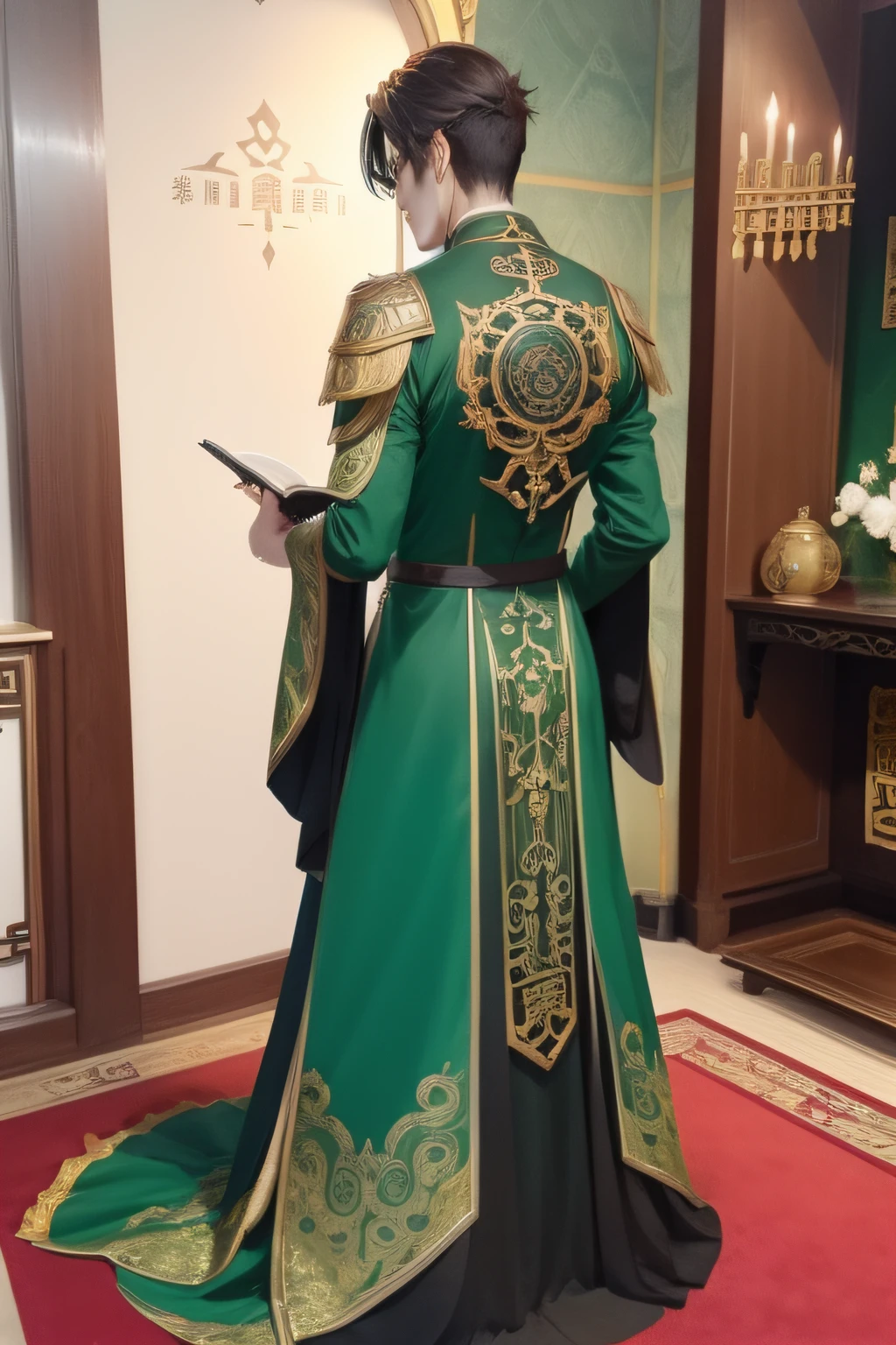 Anime people are good - detailed costumes, Inspired by Fenghua Zhong, ornate dark green clothing, inspired by Romano Vio, picture of a male cleric, symmetrical fullbody rendering, clothing design, front and back, Victorian clothes, expensive outfit, full - body and head view,