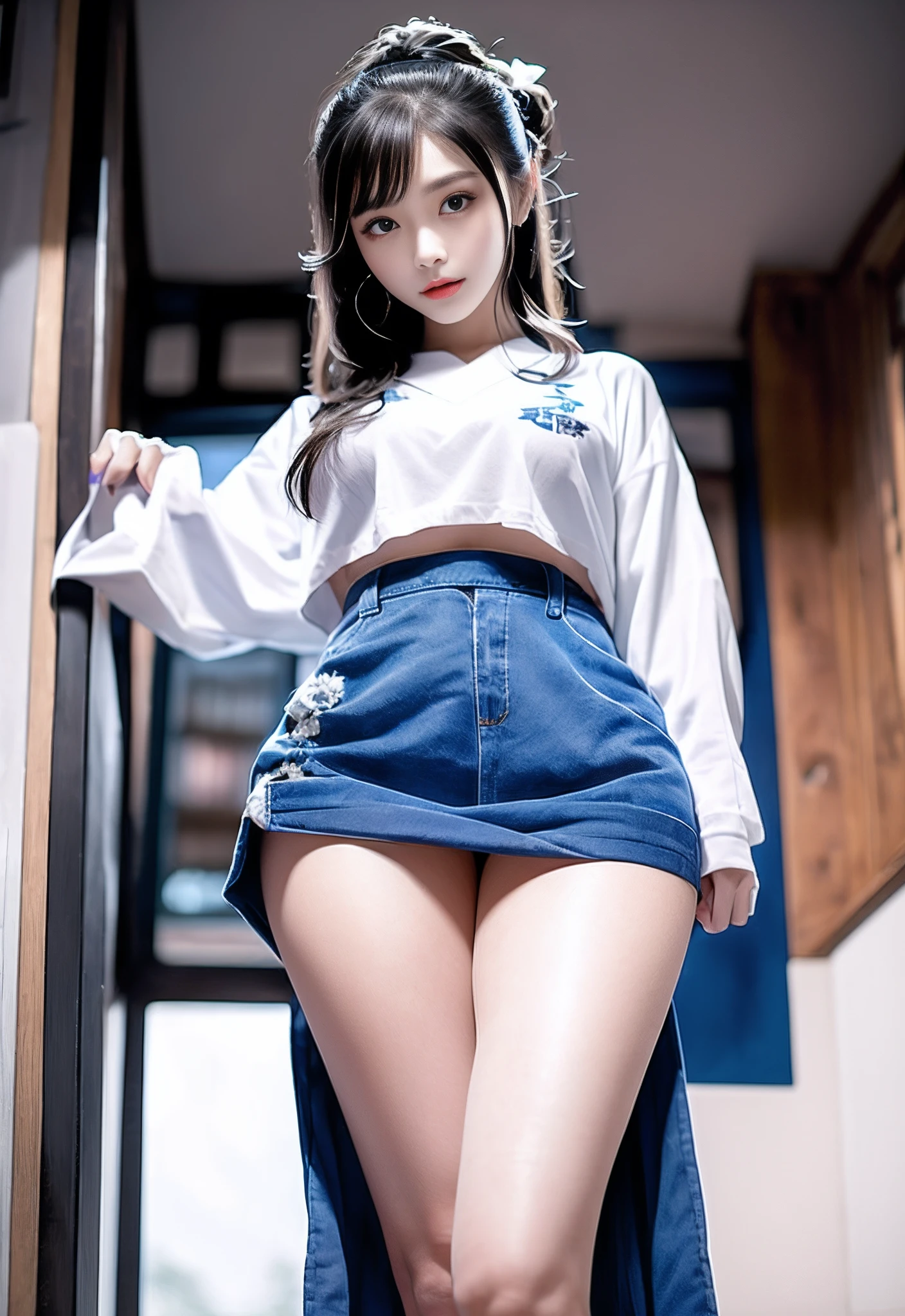 a big breast chinese girl,Age twelve,Wear a school uniform with blue and white as the main colors,Just lifting the skirt,Expose the sanitary napkin inside。