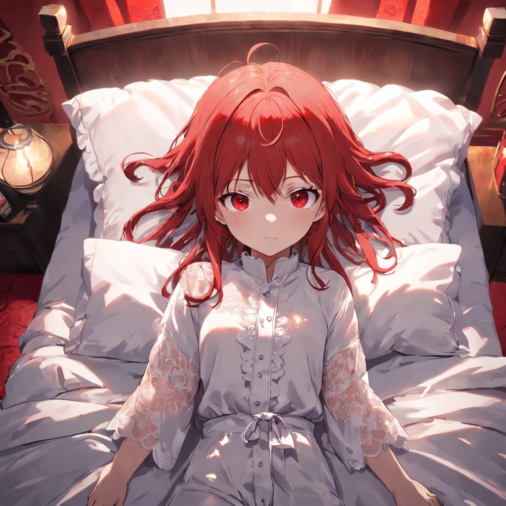 Bedrooms,Red eyes, Red hair,teens girl,White lace pajamas,Lying on a white bed