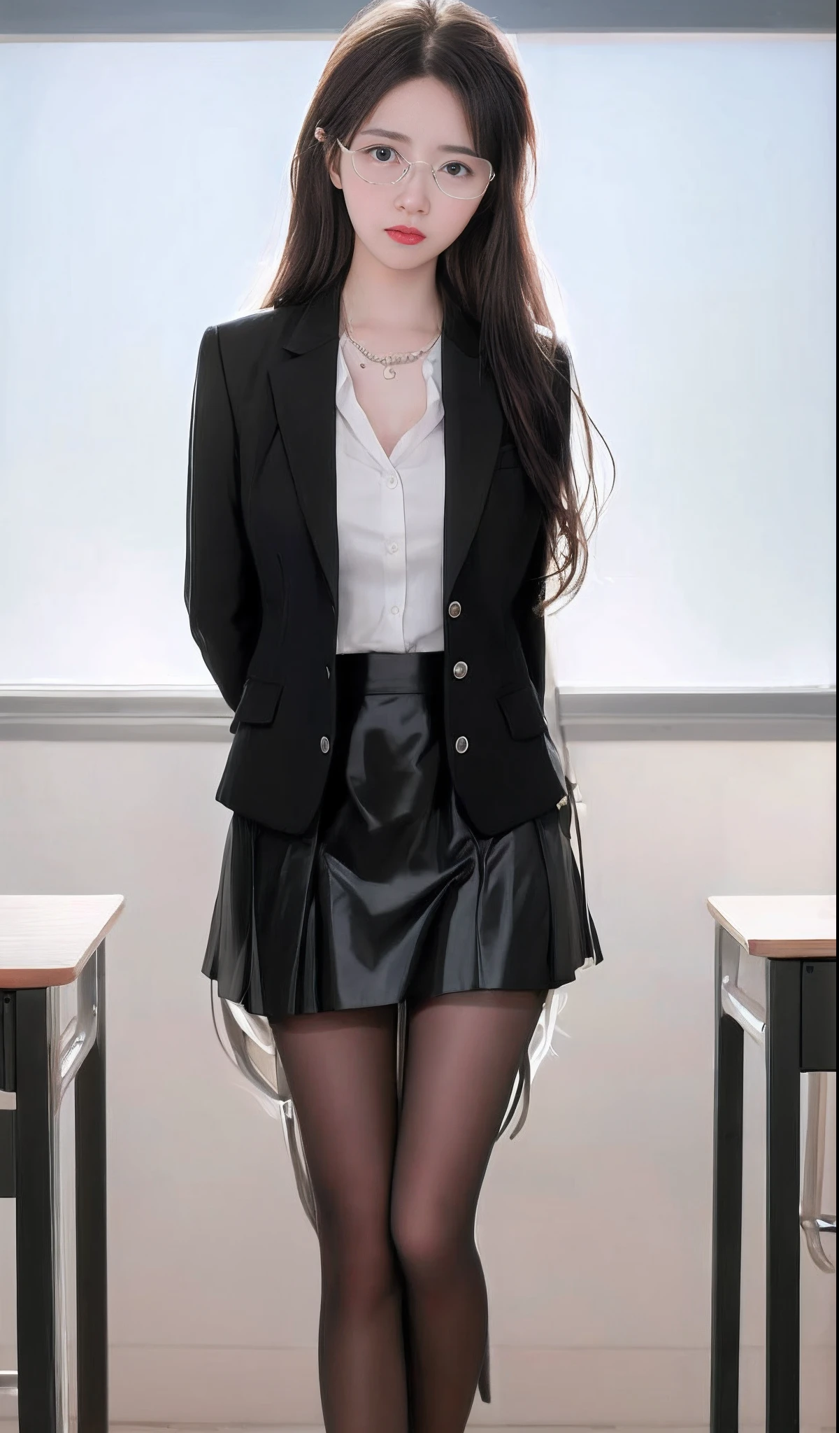 Close-up of a woman in a skirt and jacket posing for a photo, wearing jacket and skirt, JK school uniform, office clothes, Magical school student uniform, wearing a black noble suit, wearing a strict business suit, short skirt and a long jacket, girl in a suit, black leather slim clothes, business outfit, magic school uniform, school uniform, Girl in suit，wears glasses