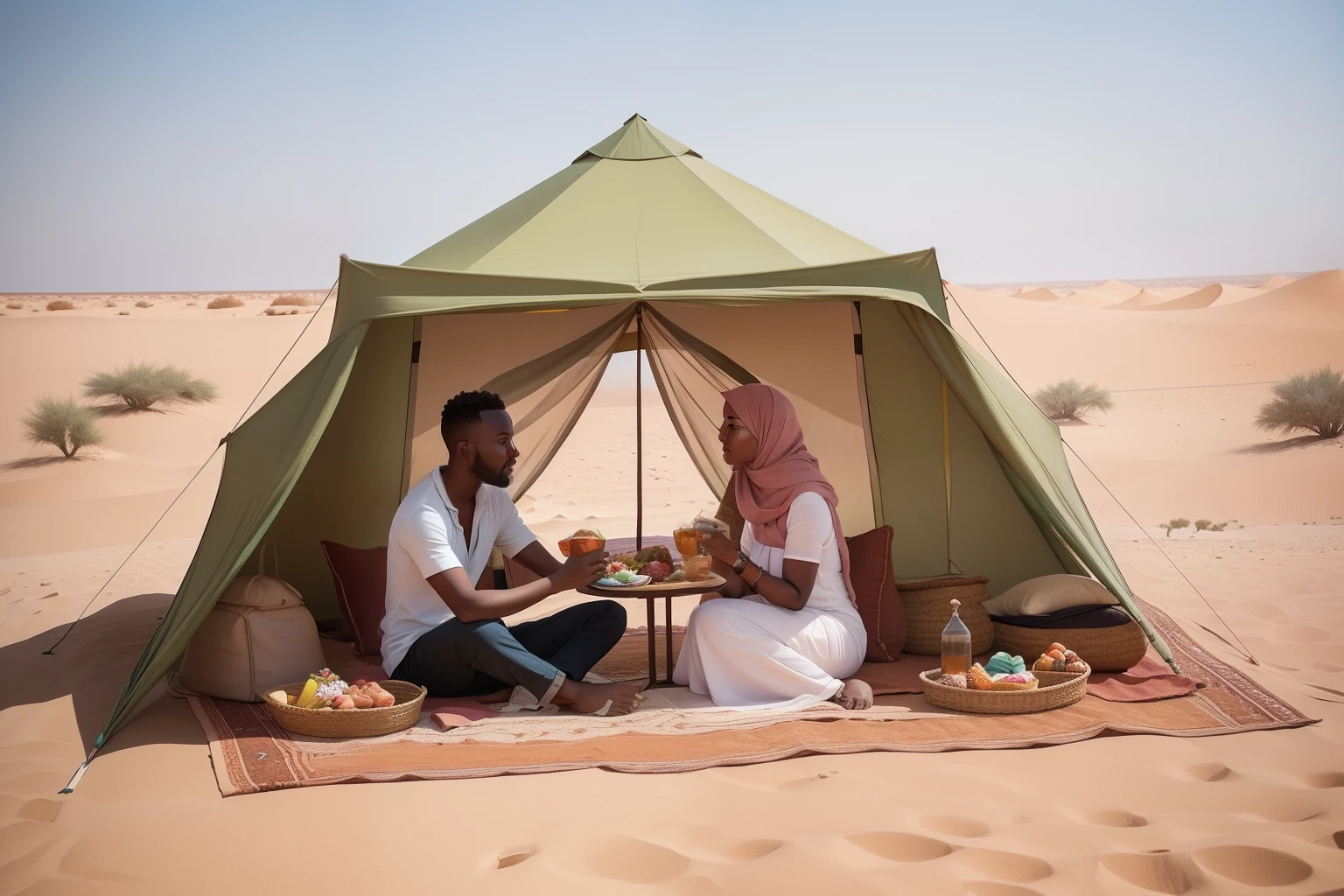 Year: 2019
Country: Niger
Description: Amidst the breathtaking landscape of the Sahara Desert, an adult couple enjoys a peaceful picnic under a pastel-colored tent. The sand dunes and the warm hues of the desert provide a stunning backdrop as the couple dines on local delicacies.