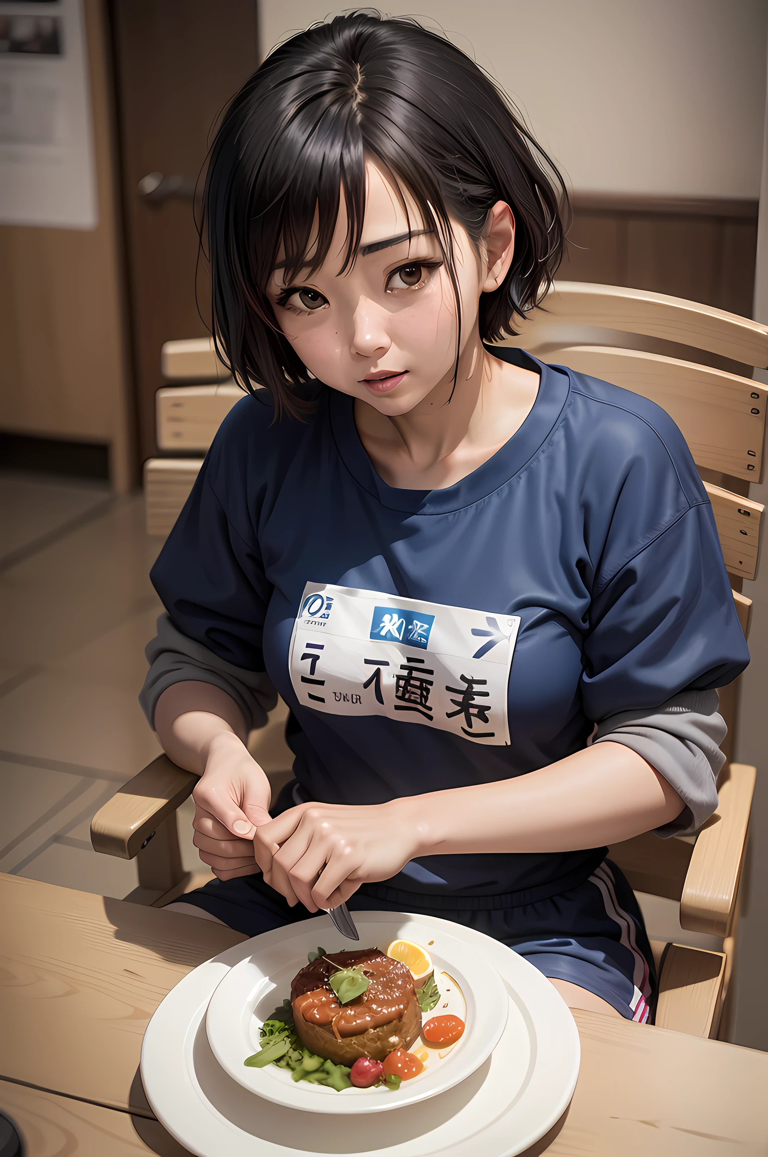 there is a woman sitting at a table with a plate of food, chiho, 奈良美智, she is about 3 0 years old, she is about 30 years old, she is about 2 5 years old, Ayami, deayami kojima, 1girl in, Beautiful, blue hairs, short-haired, Sportswear, professional photograpy, Ultra HD | | | | | |, nffsw,