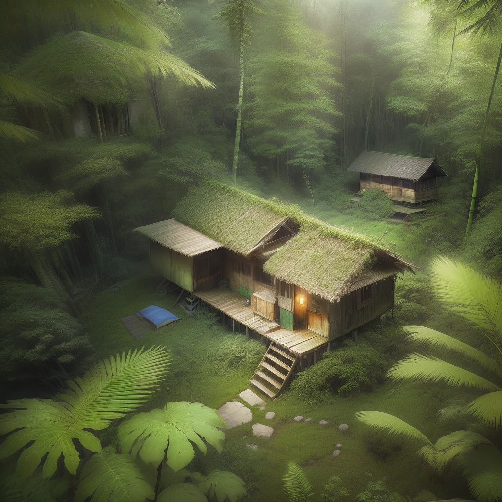 arafed hut in the middle of a forest with five man standing in the doorway, tribe huts in the jungle, in a jungle environment, the small house in the forest, roofed forest, nestled in a forest, bamboo huts, jungle setting, true realistic image, house in forest, natural realistic render, placed in a lush forest, photographic render