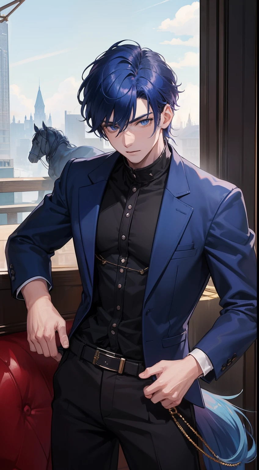 (1boy), At least in his 20s, There is a handsome face, Blue eyes, dark-blue hair, unique hairstyle, Scary looking man, (Ride a purple horse), High quality, Best quality, HD, 16k, hyper HD, (Masterpiece)